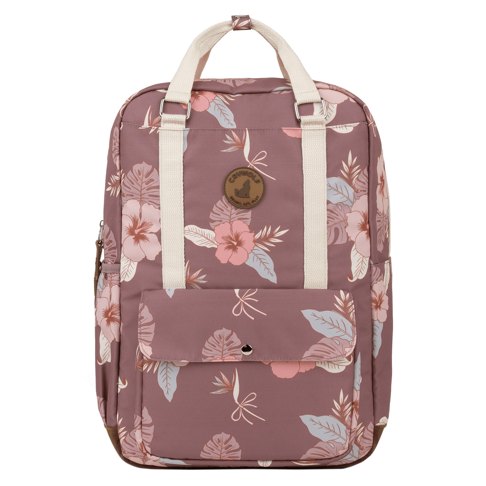 Floral-patterned backpack on a white background