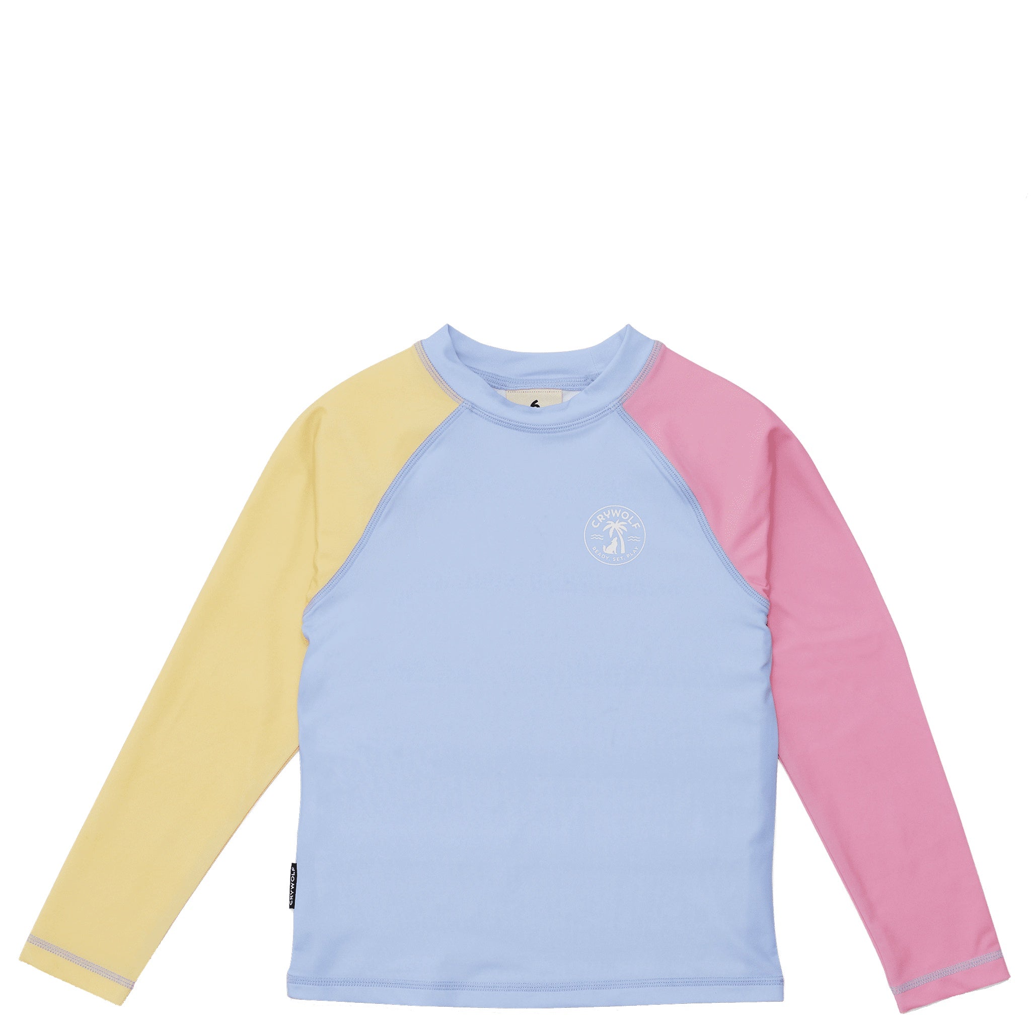 Long-sleeve rash vest with pastel colors on a white background