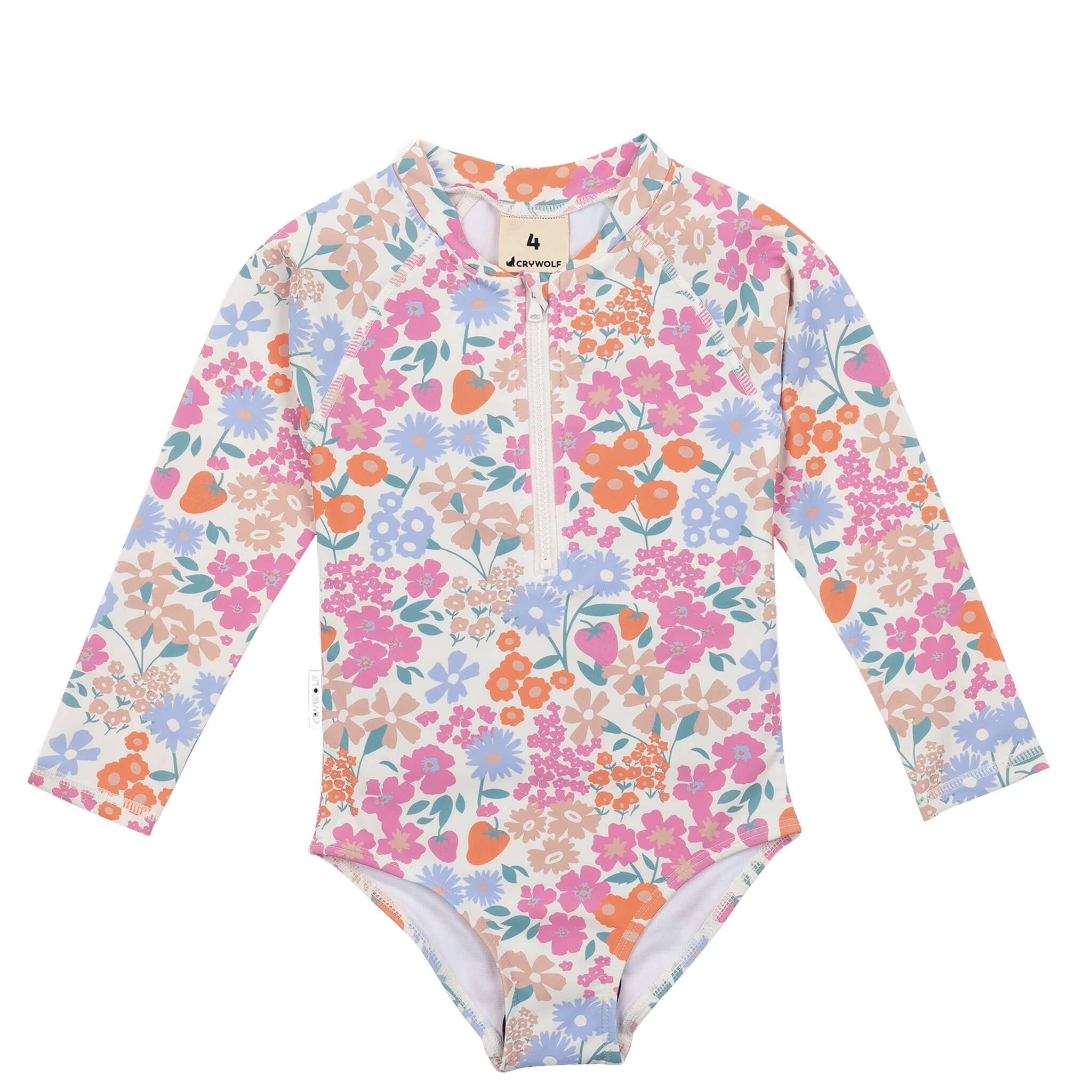 Floral patterned swimsuit with long sleeves on a white background