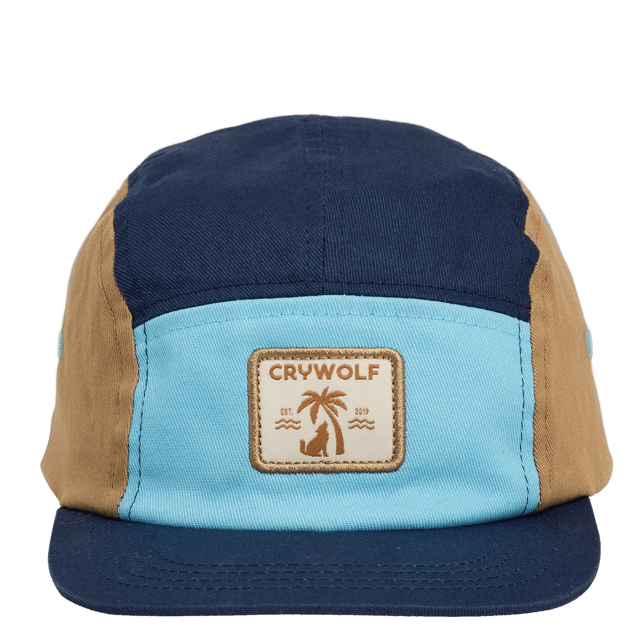 Multicolored cap with a 'Crywolf' logo on a white background