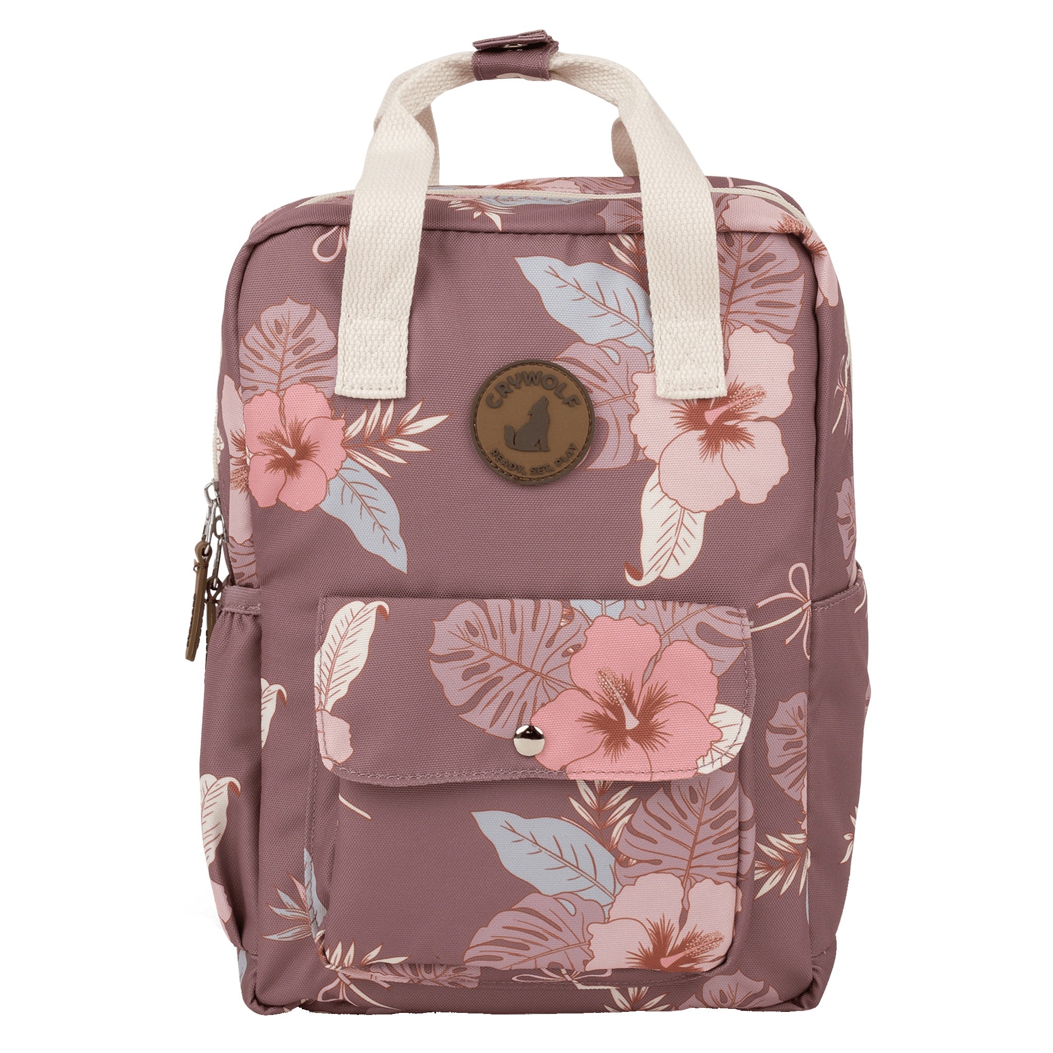 Floral-patterned backpack with a visible brand logo on a white background