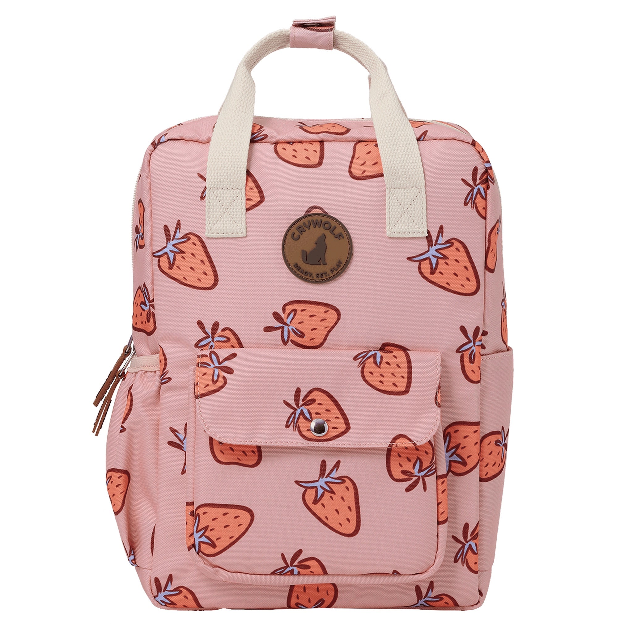 Pink backpack with strawberry pattern on a white background