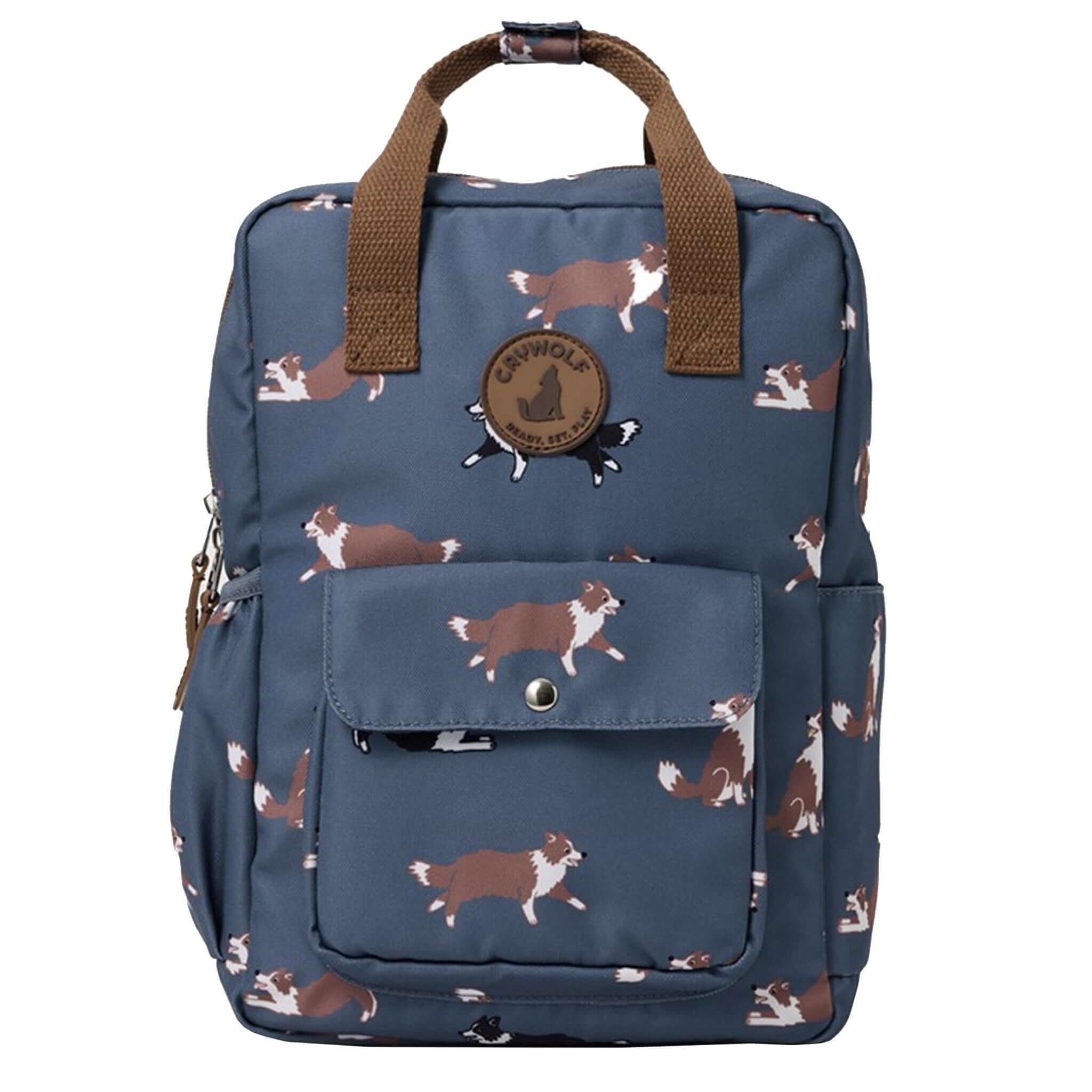 Alt Tag: Crywolf Mini Backpack - Collies kids 9L mini backpack in blue collie print, water-resistant recycled material, front pocket
