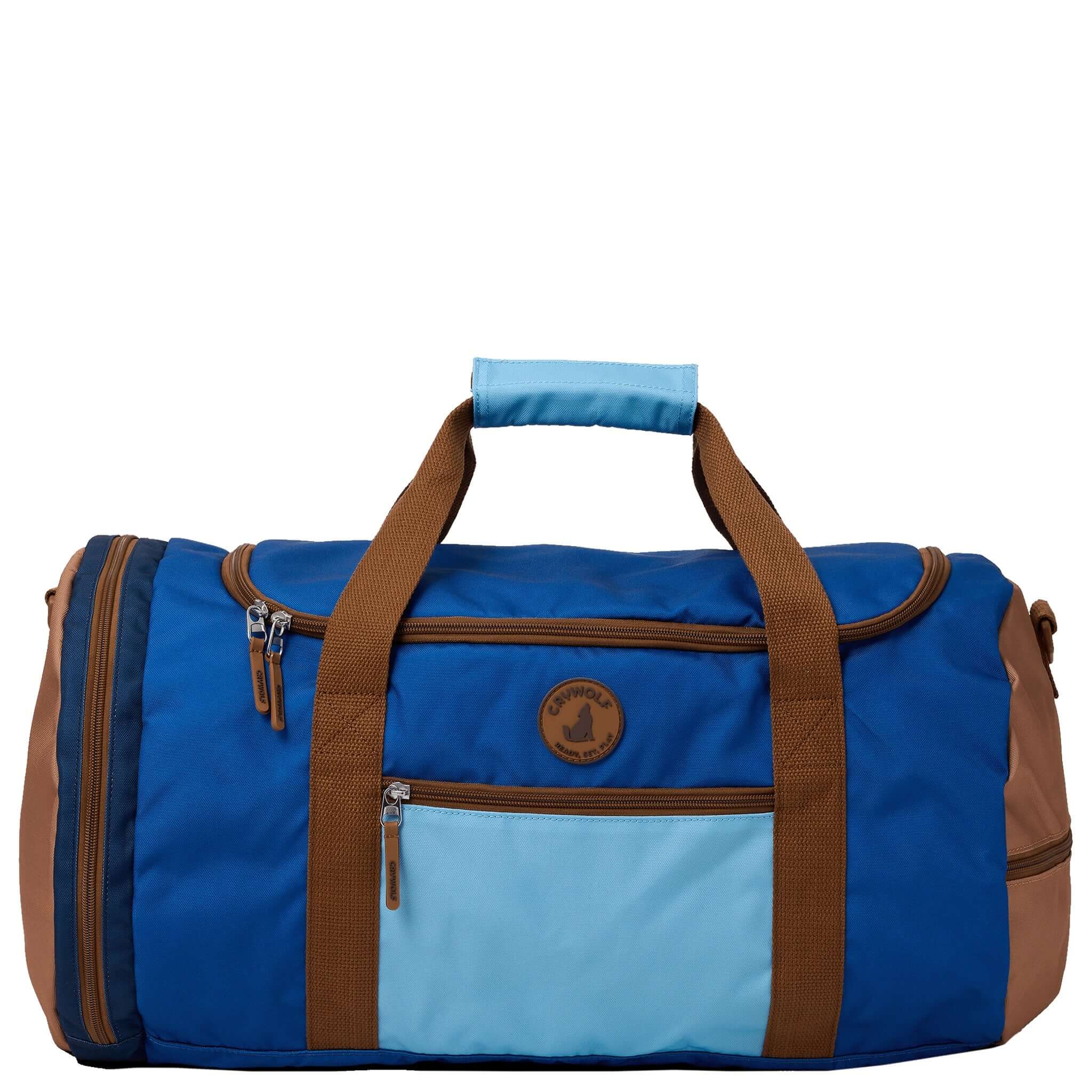 Blue and brown duffel bag with a visible brand logo on a white background