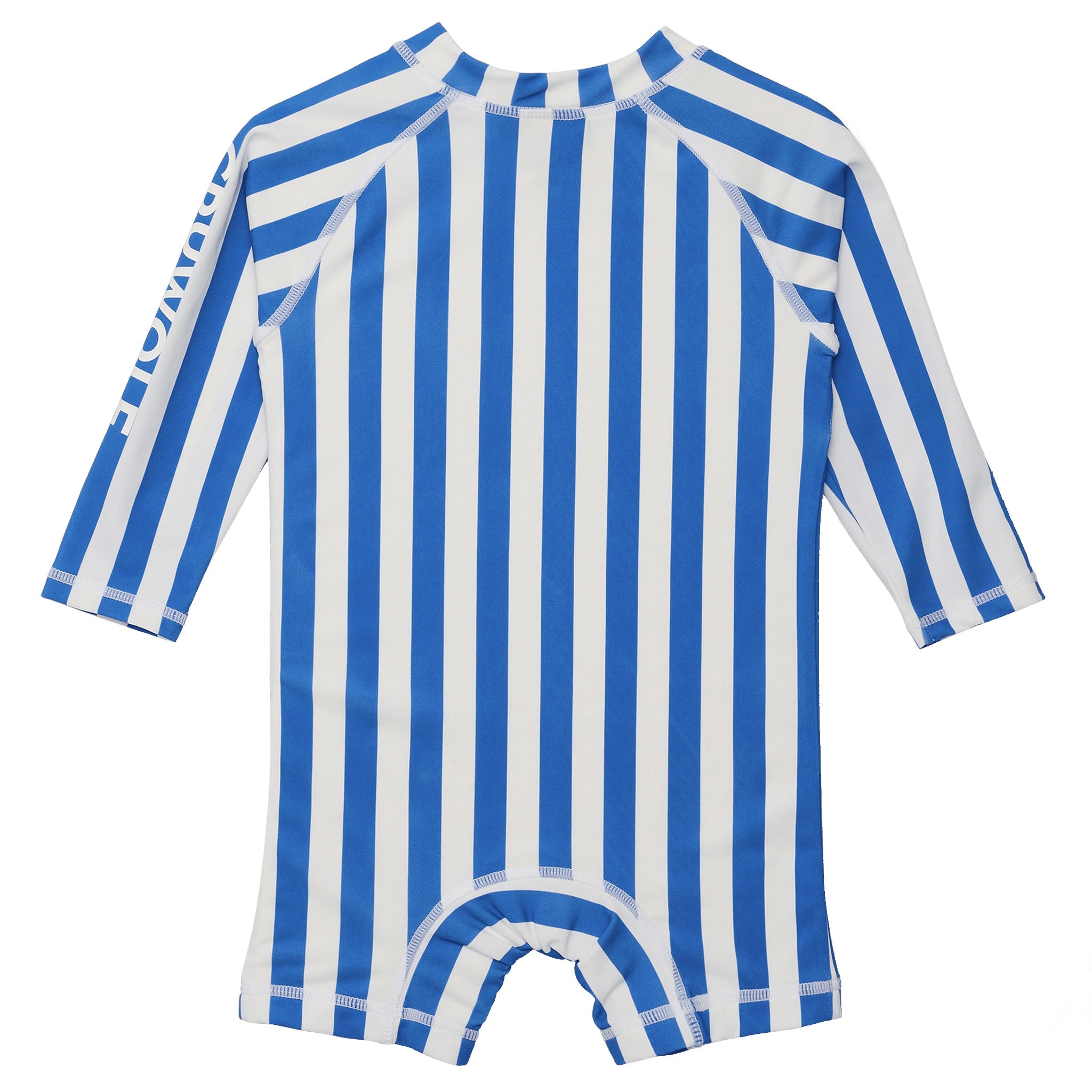 Blue and white striped swimsuit with long sleeves on a white background