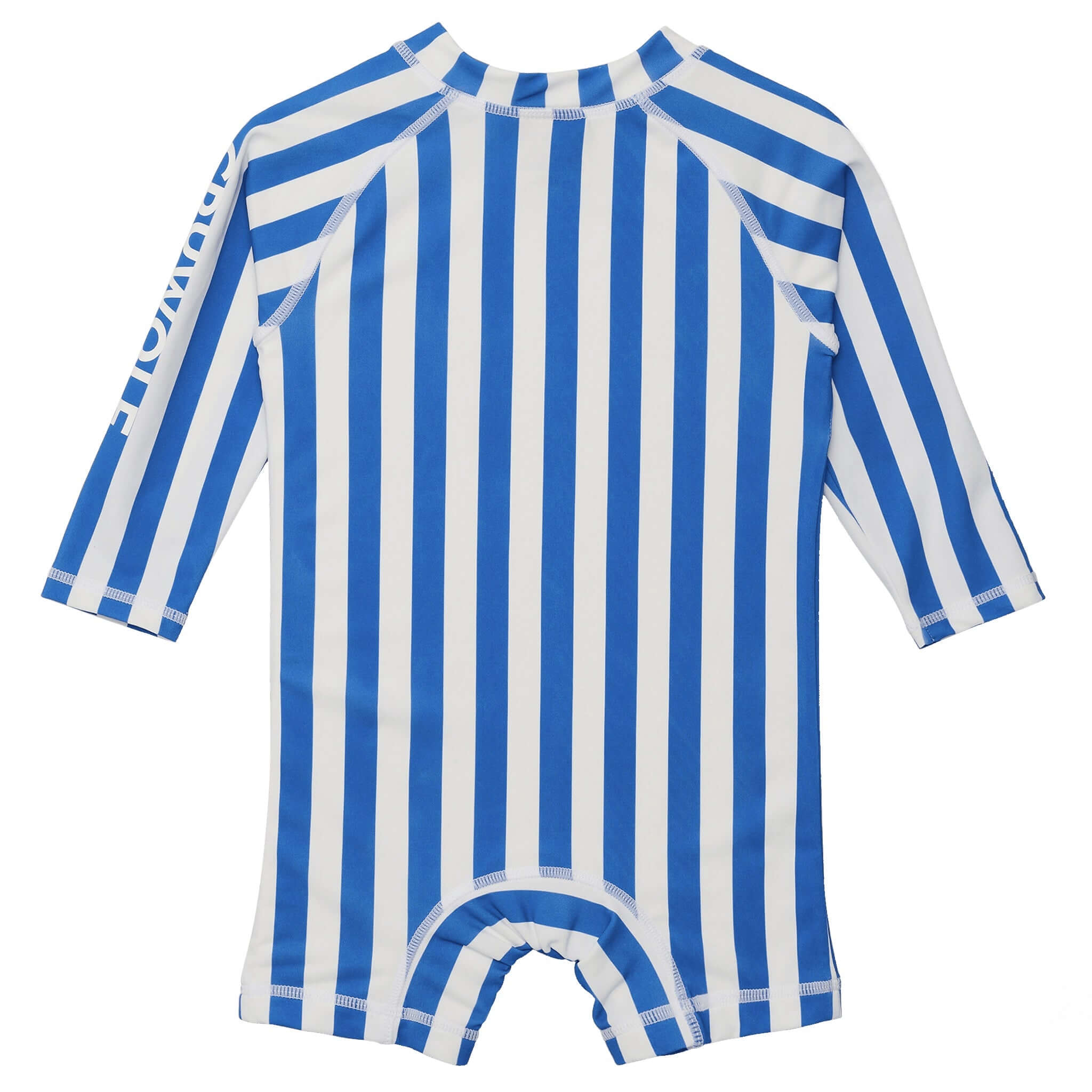 Blue and white striped swimsuit with long sleeves on a white background