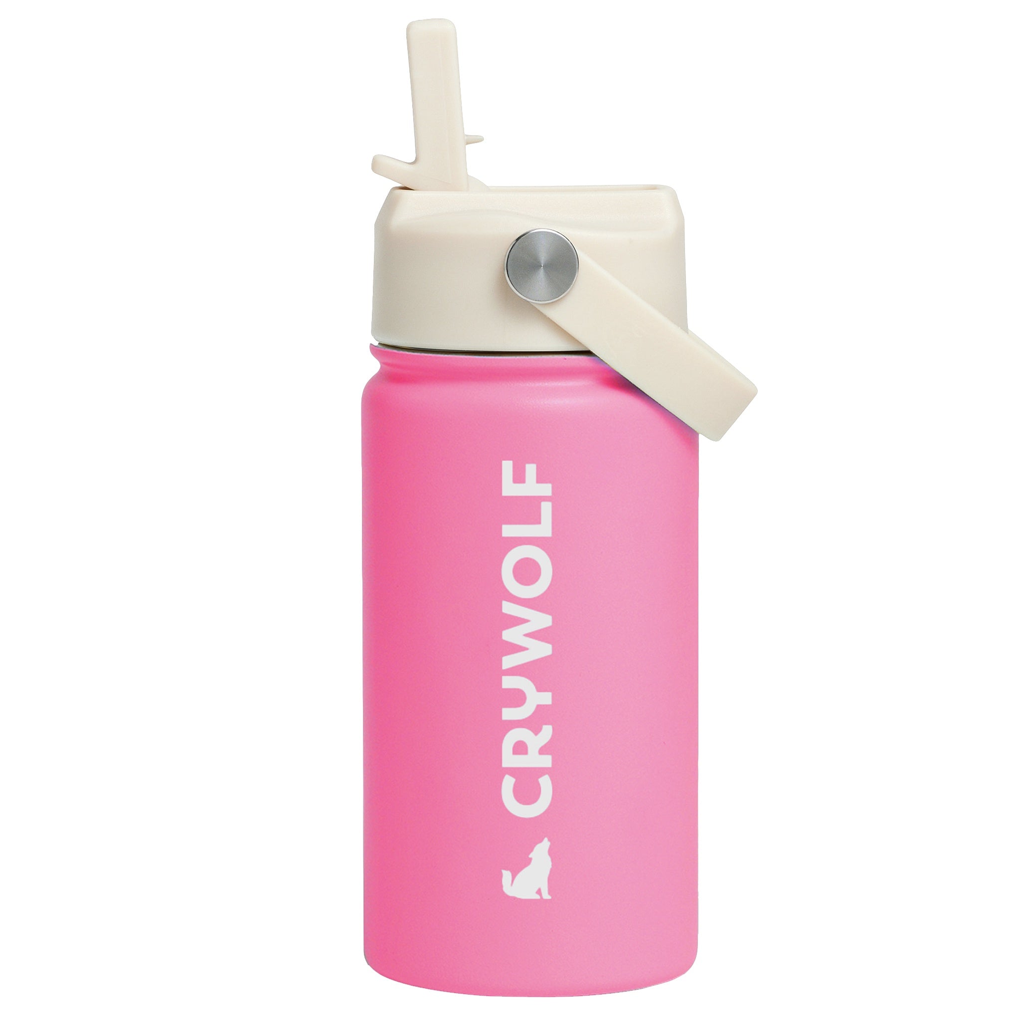 Pink water bottle with beige lid and straw on a white background
