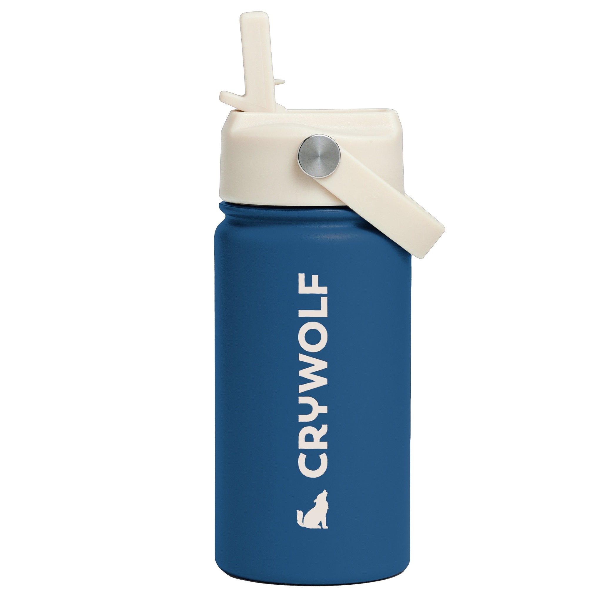 Blue water bottle with beige lid and 'Crywolf' branding on a white background
