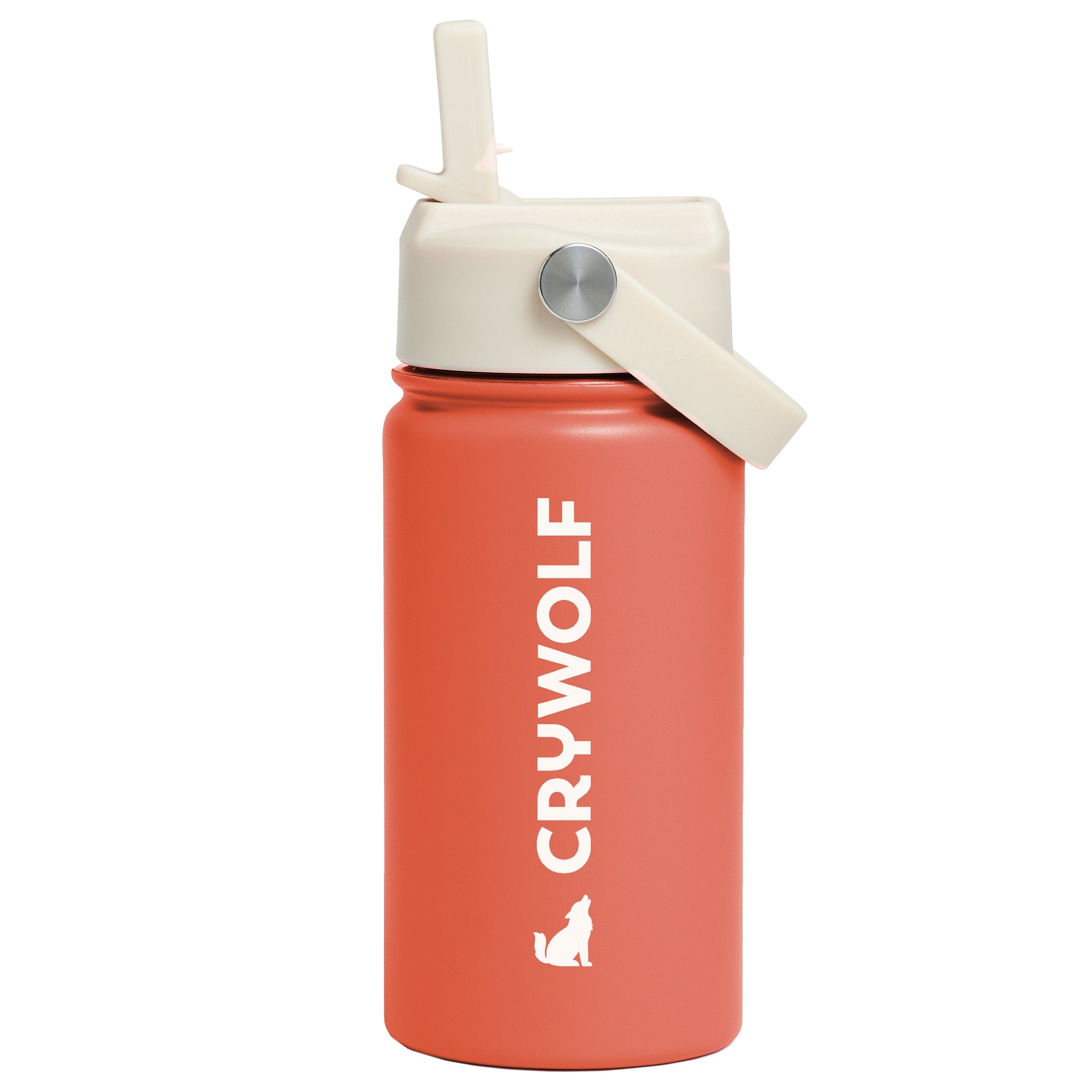 Coral water bottle with beige lid and 'Crywolf' branding on a white background