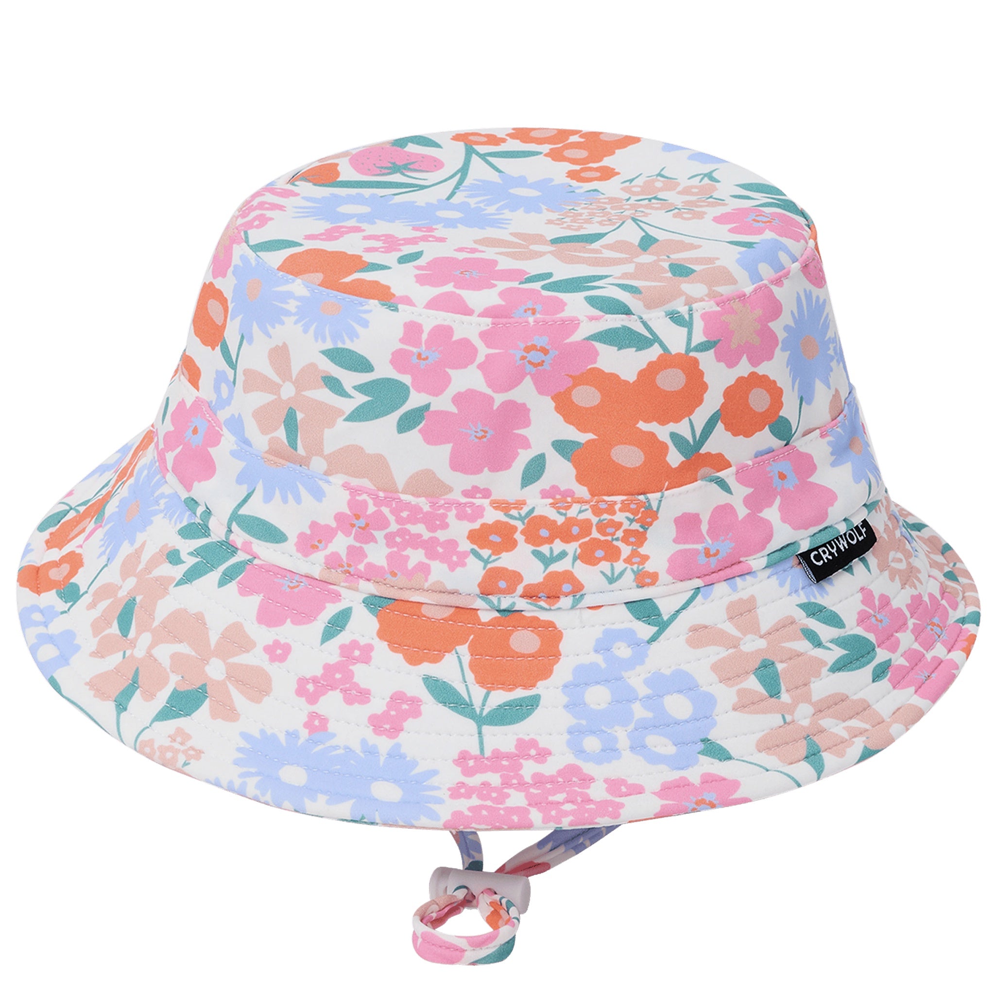 Floral patterned bucket hat with a visible brand logo on a white background