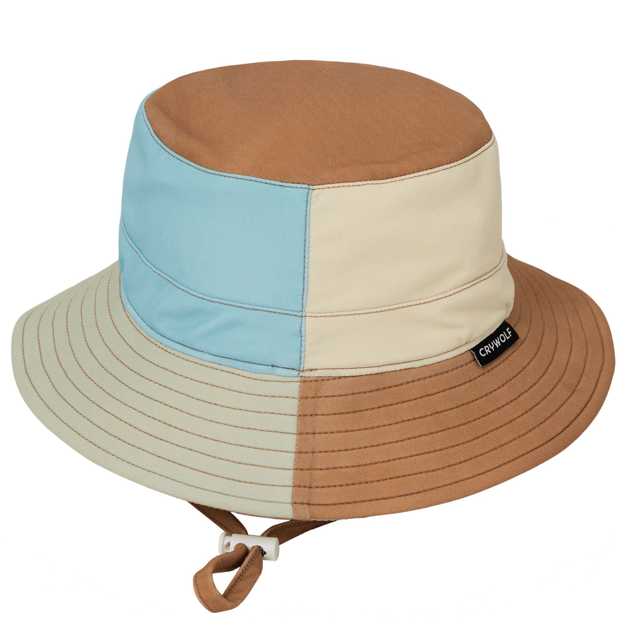 Color-blocked bucket hat with brown, blue, and beige sections on a white background.