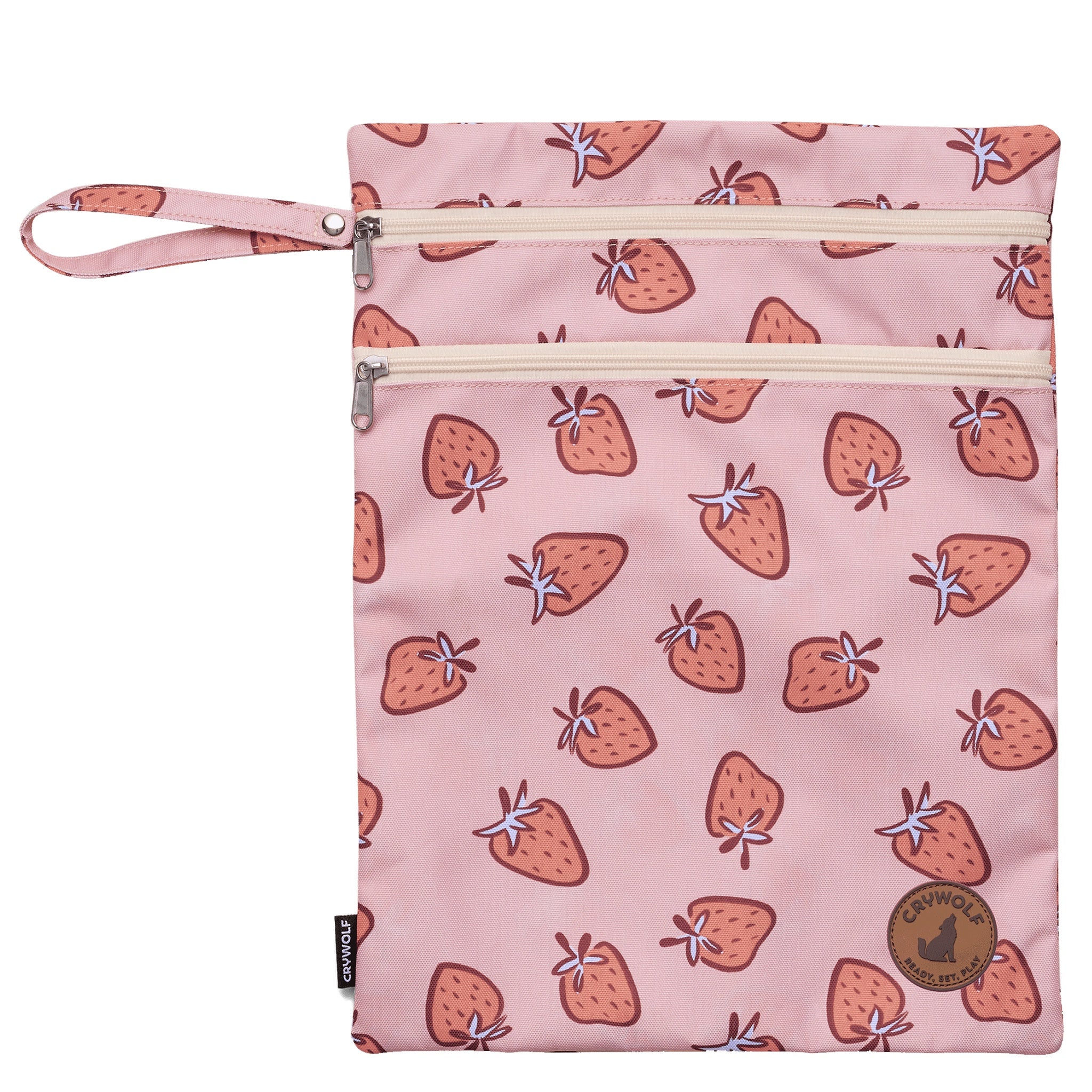 Pink pouch with strawberry pattern on a white background