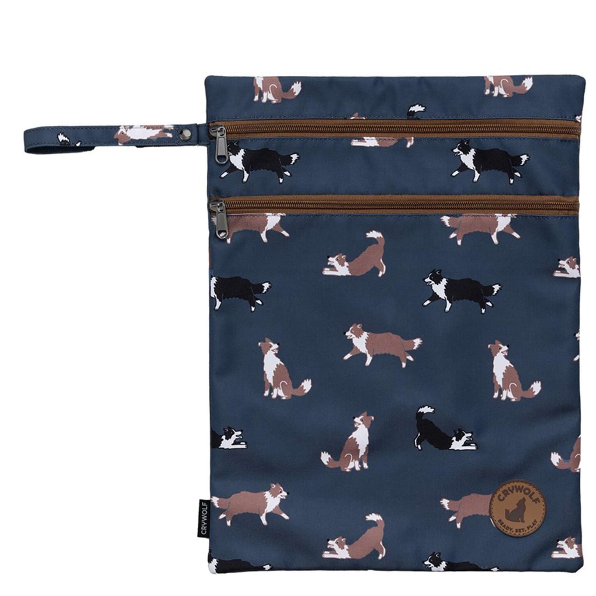 Alt Tag: Crywolf Wet Bag - Collies water-resistant recycled wet bag with dual zips and wrist strap, navy collie print for swimwear nappies