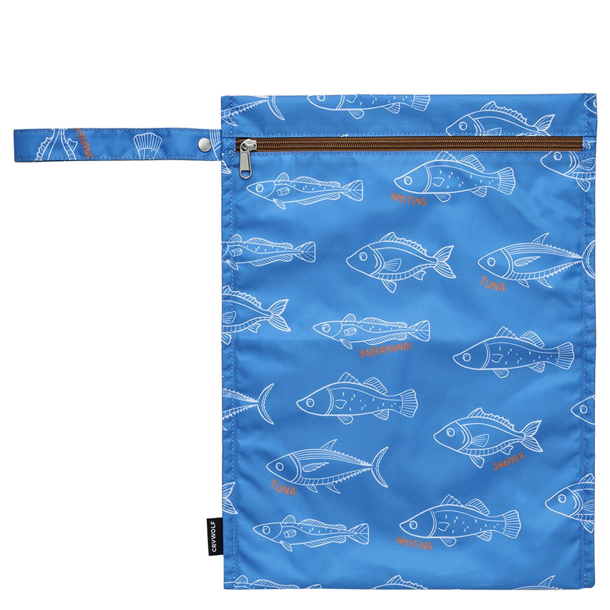 Crywolf Wet Bag - Saltwater design featuring blue background and fish illustrations.