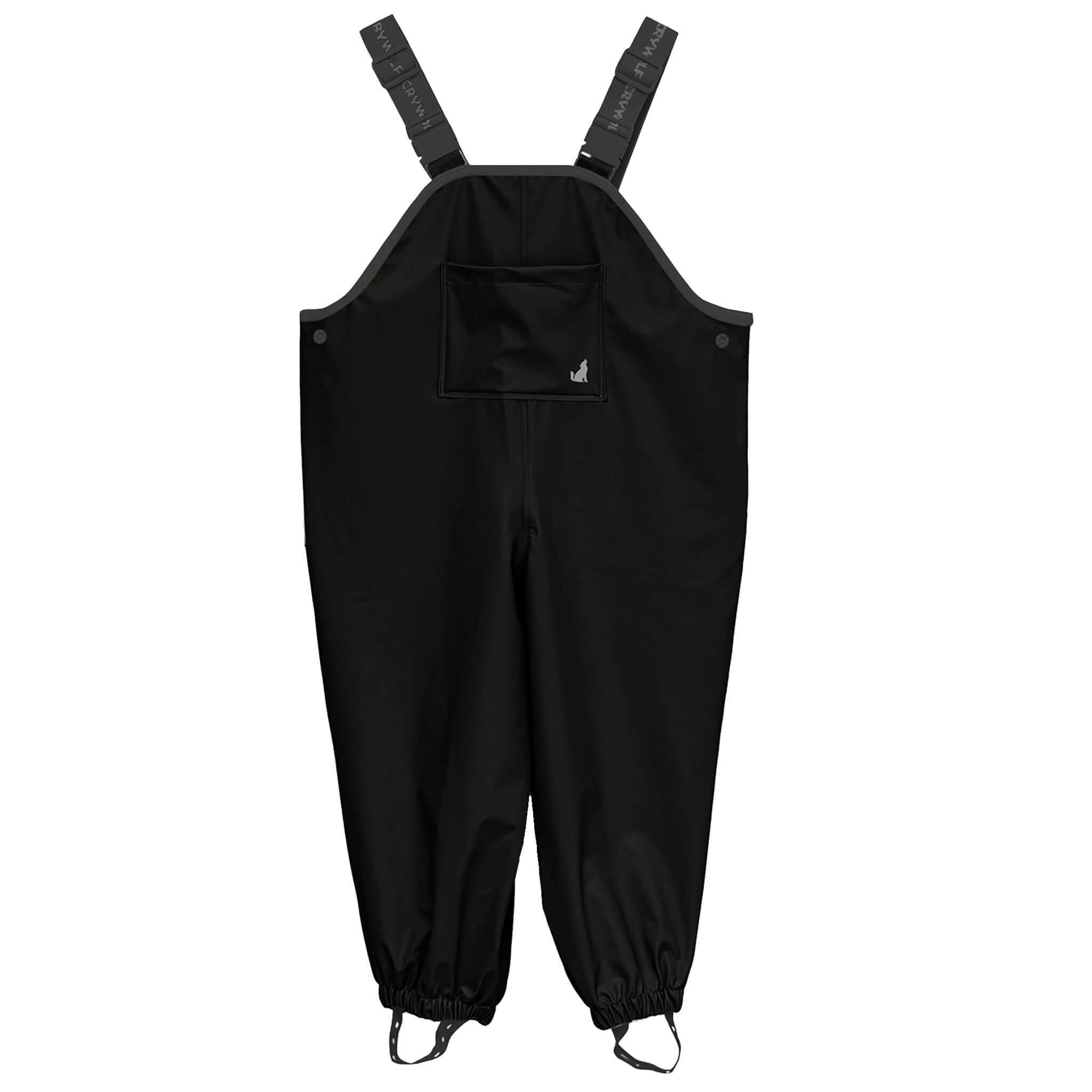 Alt Tag: Crywolf Rain Overalls - Black kids waterproof adjustable rain bib overalls with straps, year-round outdoor play