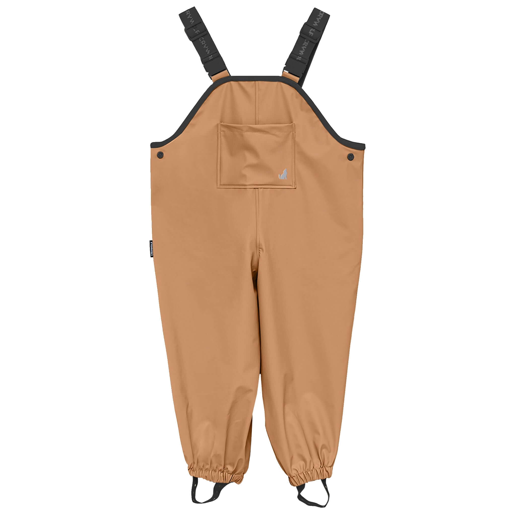 Alt Tag: Crywolf Rain Overalls - Tan fully waterproof kids rain bib overalls with adjustable straps for outdoor play