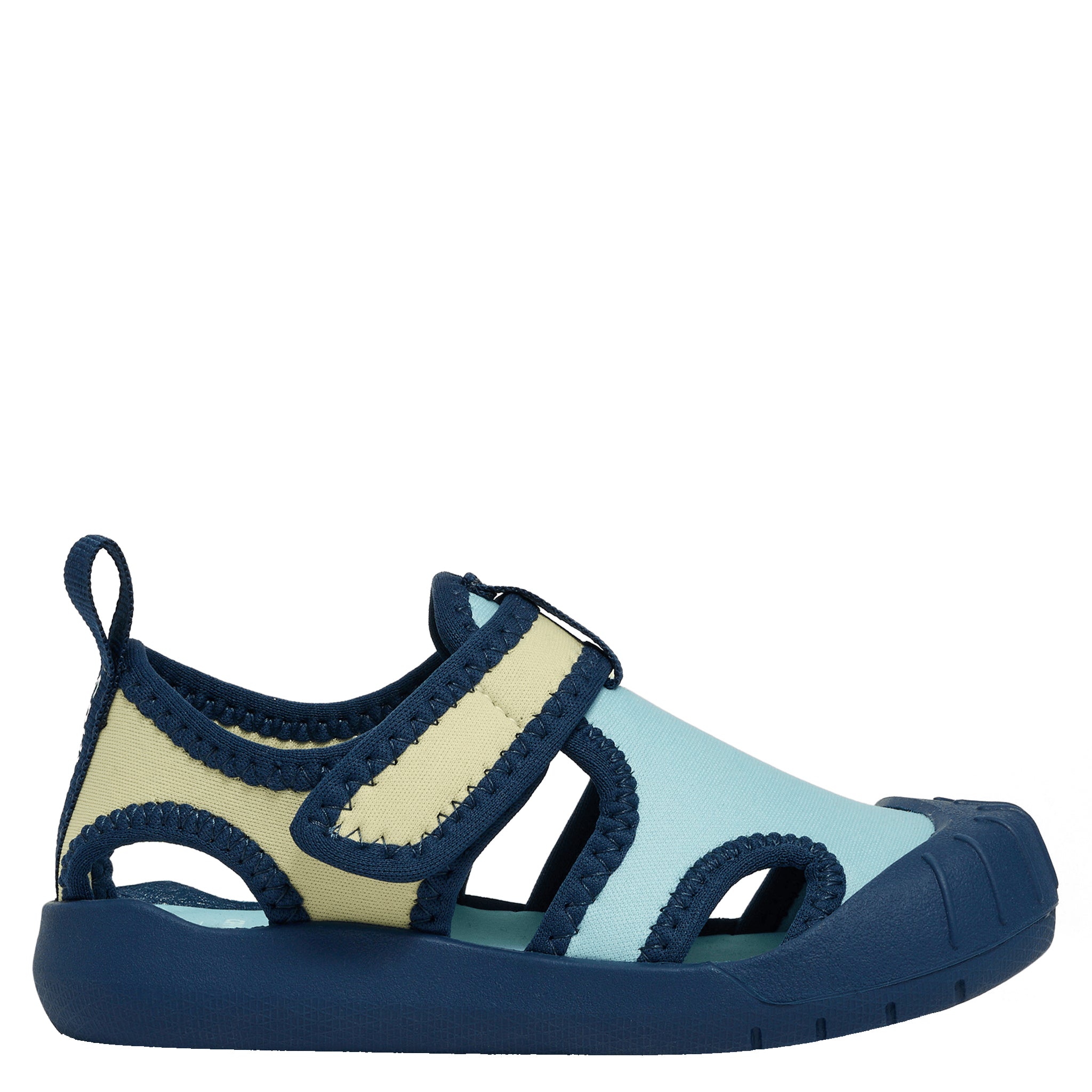 Children's blue and navy shoes with yellow accents on a light gray background