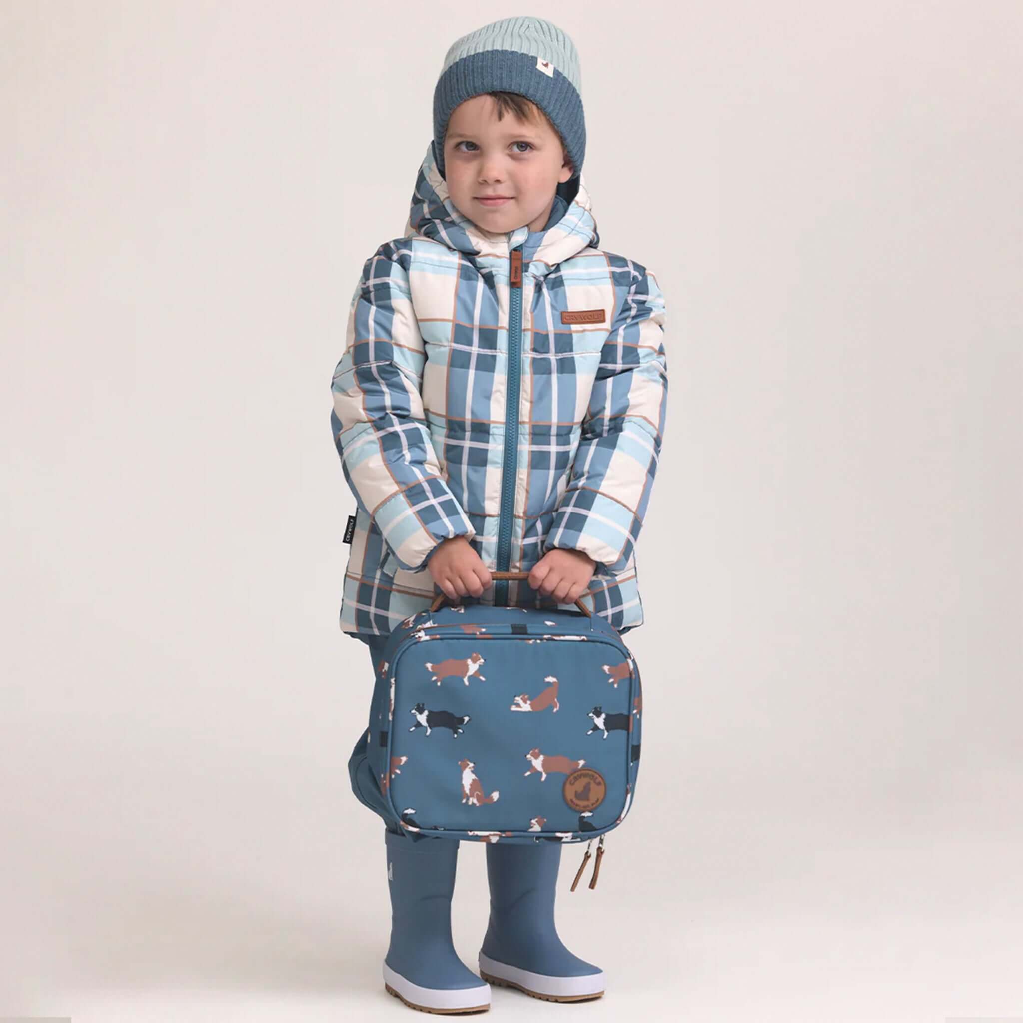 Alt Tag: Crywolf Everyday Lunch Bag - Collies insulated kids lunch bag with dog print, water-resistant recycled material, easy carry handle