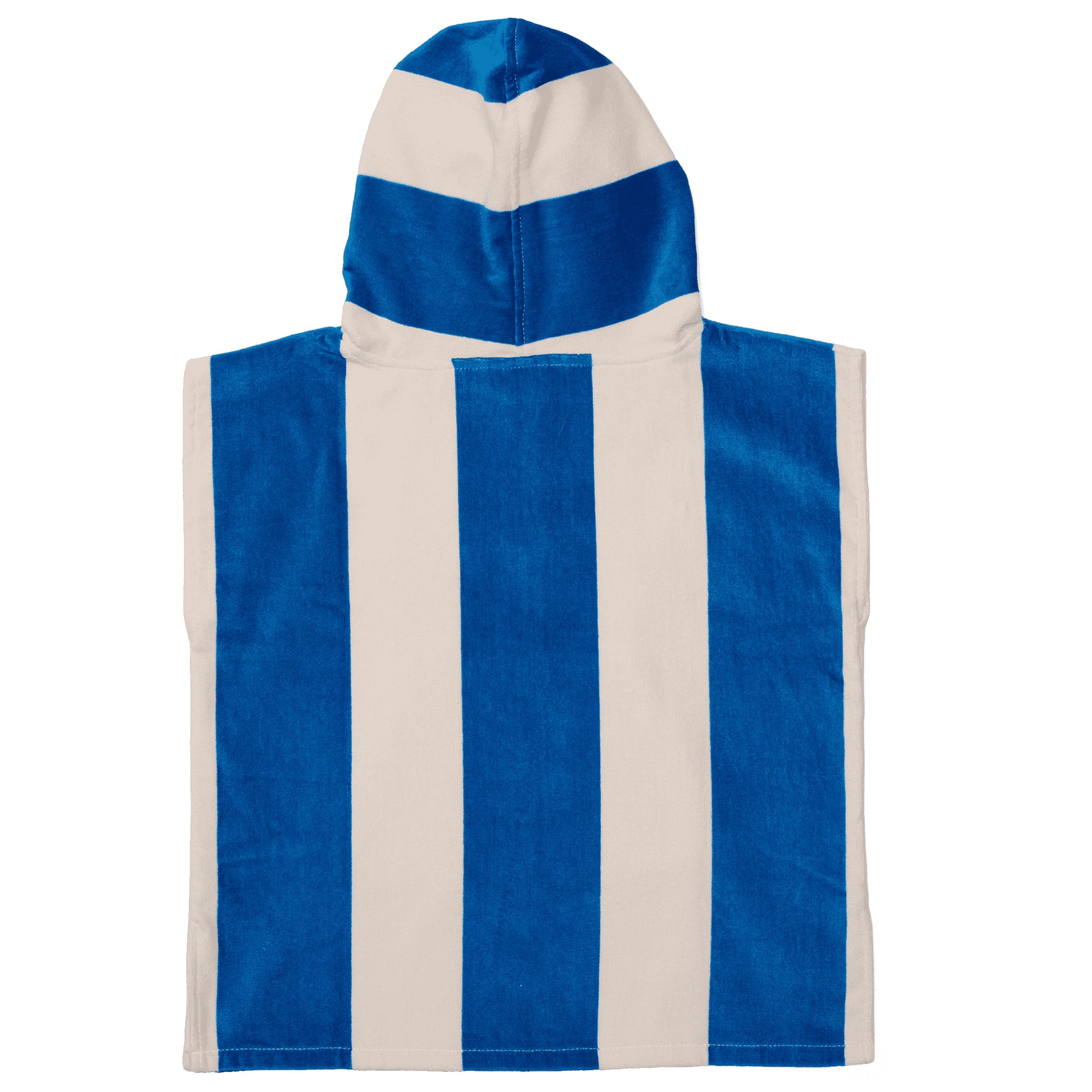 Blue and white striped hooded towel on a white background