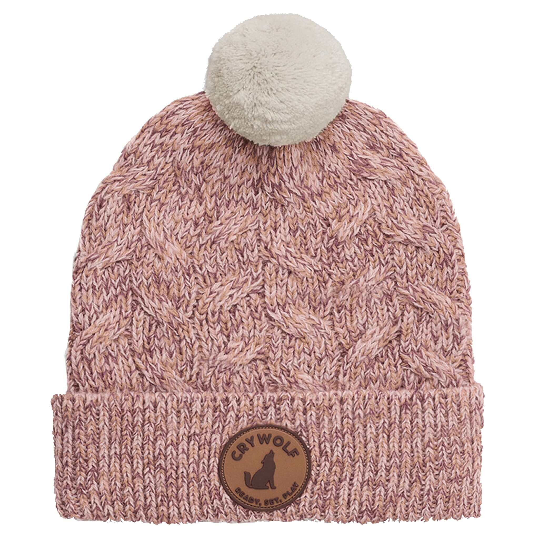 Alt Tag: Crywolf Pom Pom Beanie - Mauve Speckle cable knit pom pom beanie, soft non-itch Polylana eco yarn warm winter hat