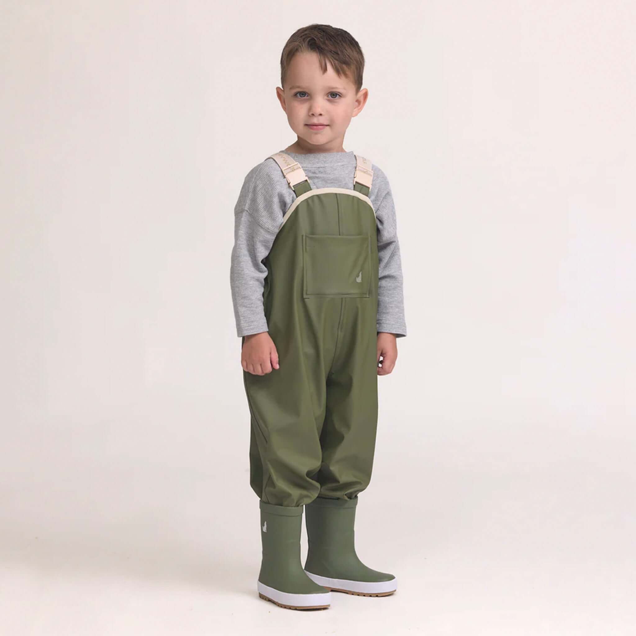 Alt Tag: Crywolf Rain Overalls - Olive waterproof kids rain bib overalls with adjustable straps for outdoor play