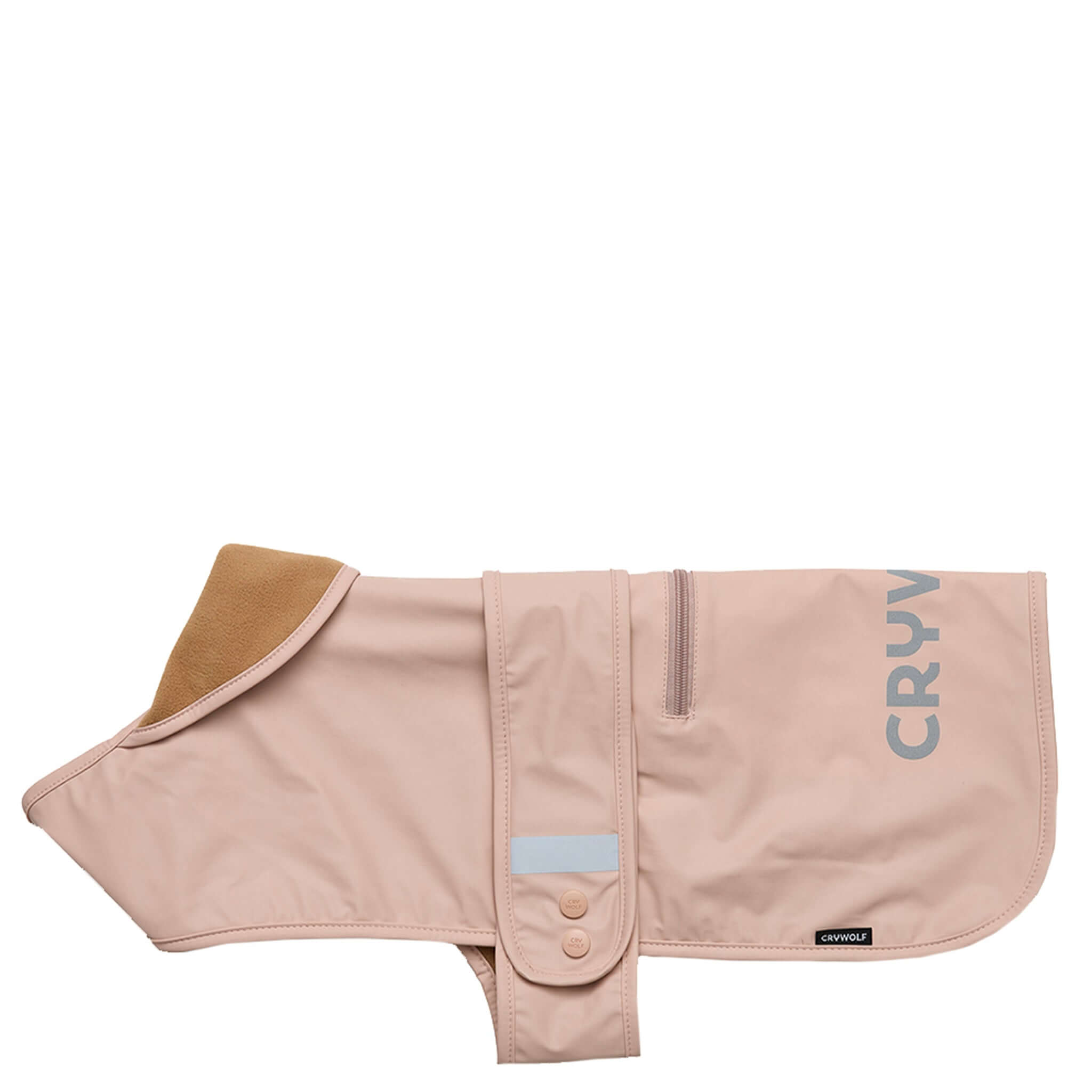 Alt Tag: Crywolf Ruff Dog Jacket - Dusty Pink waterproof dog coat with fleece lining, reflective details and zip pocket