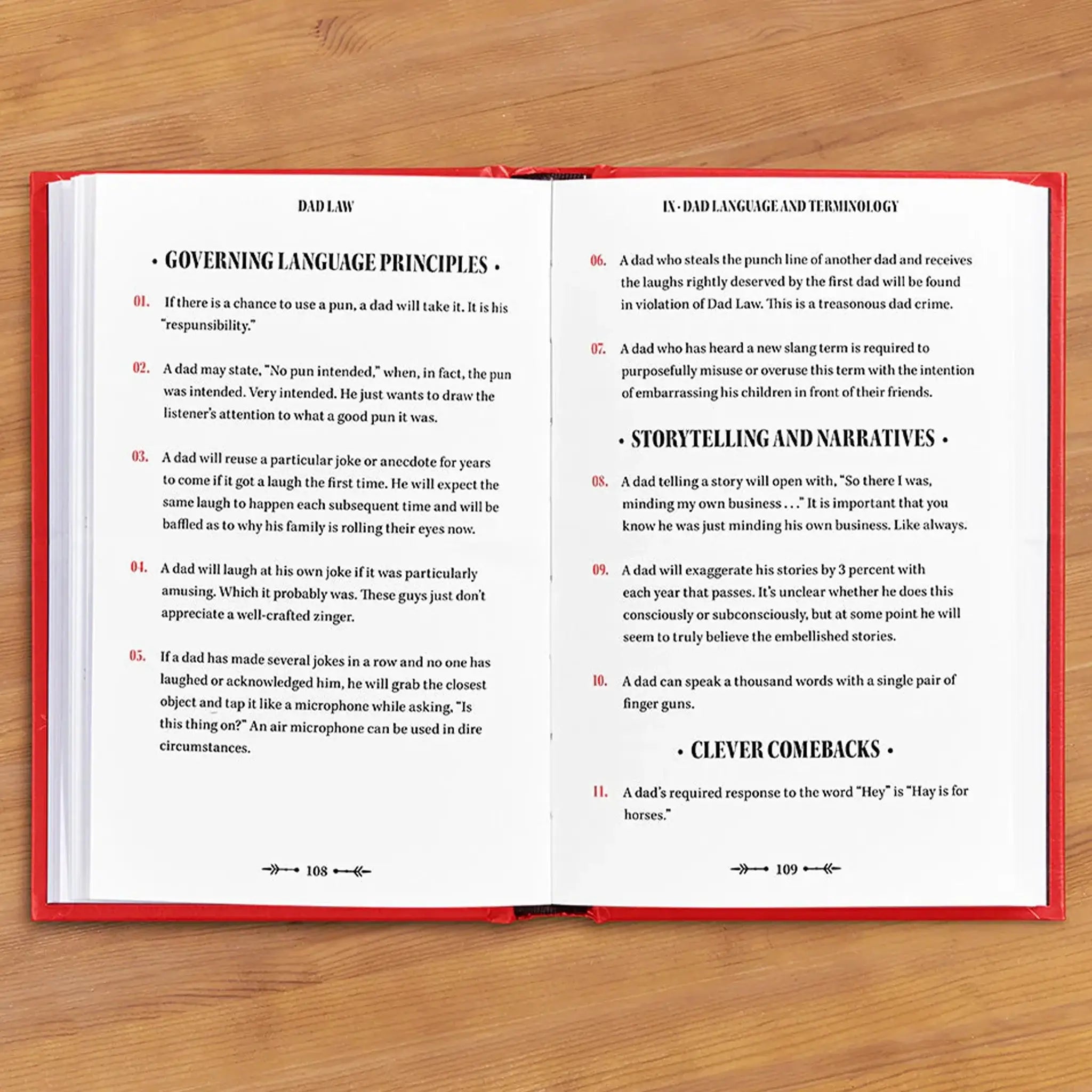 Dad Law - Definitive Reference for all things Dad open book spread showing governing language principles and clever comebacks pages