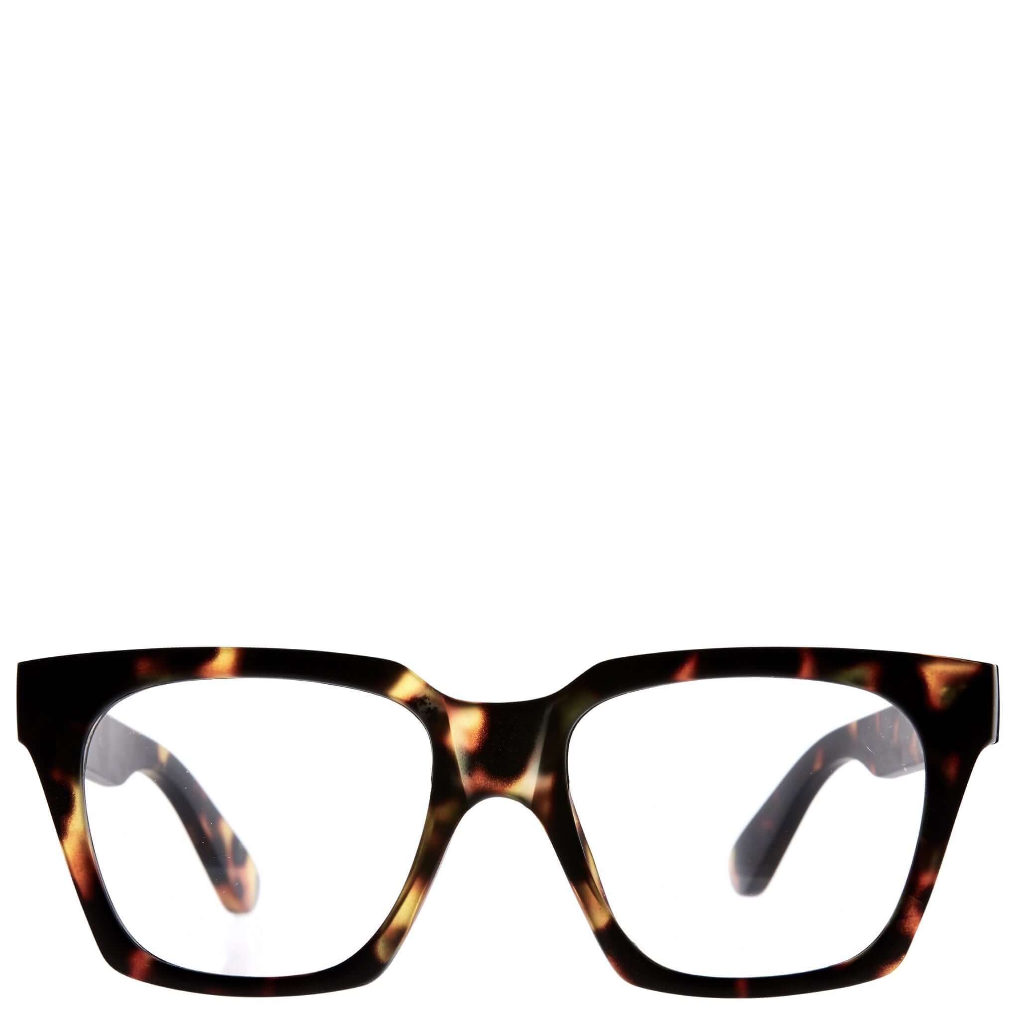A pair of square-shaped, brown tortoiseshell patterned reading glasses with a matte finish and magnifying lenses.