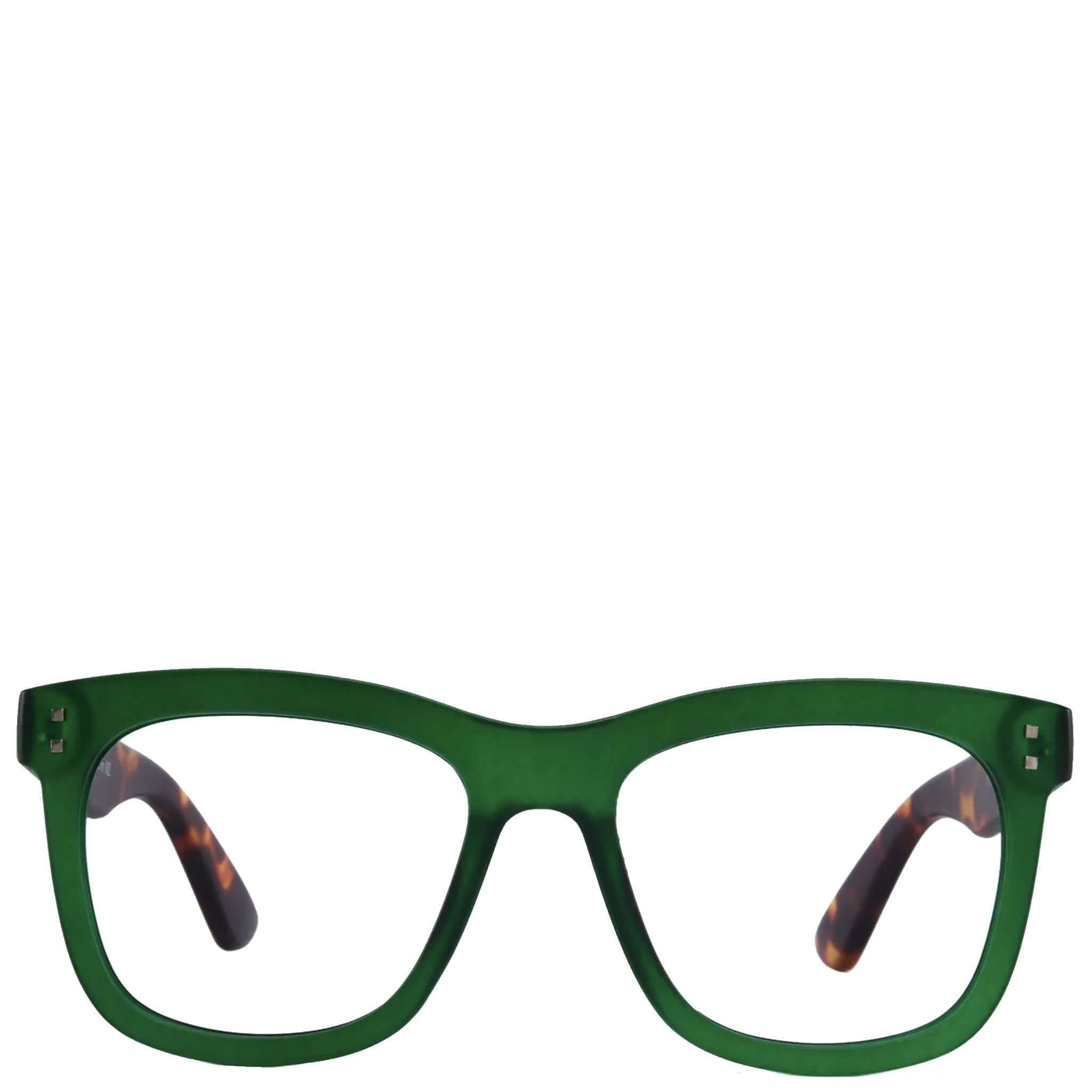 Green eyeglasses with tortoiseshell accents on a white background