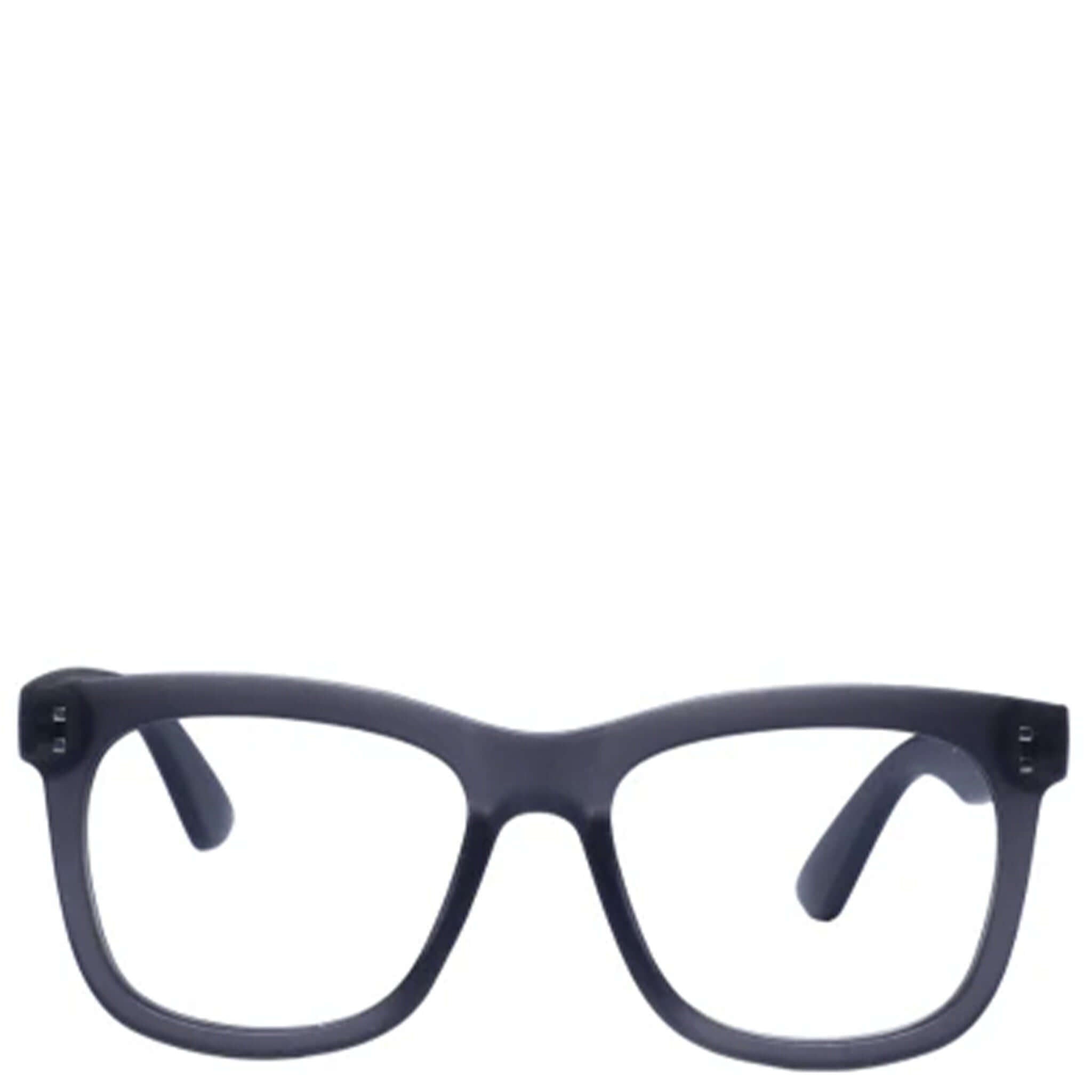 A pair of square-shaped, full frame reading glasses with a smoke gray polycarbonate frame and clear lenses.