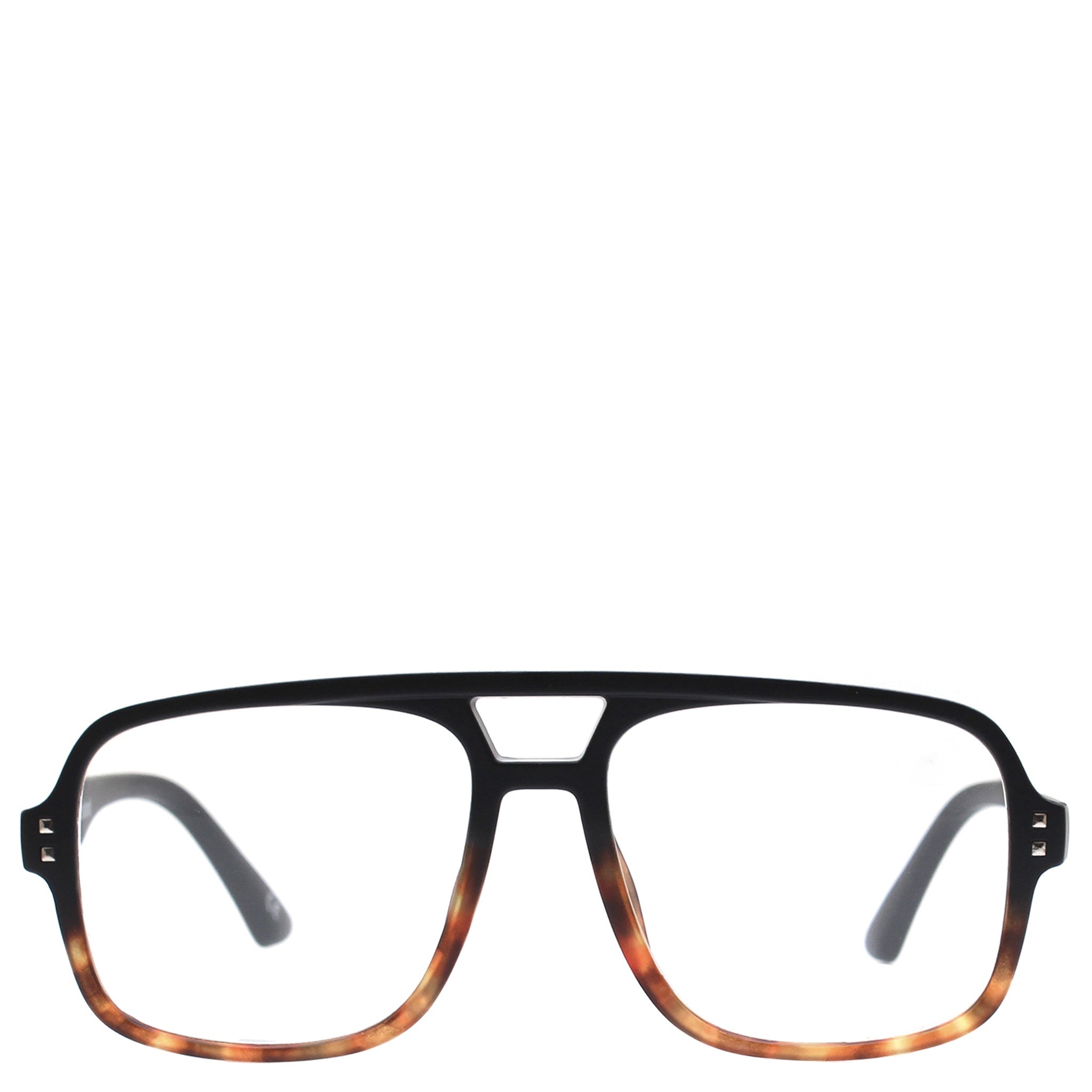 A pair of Daily Eyewear reading glasses with a black to tortoise color frame and clear lenses.