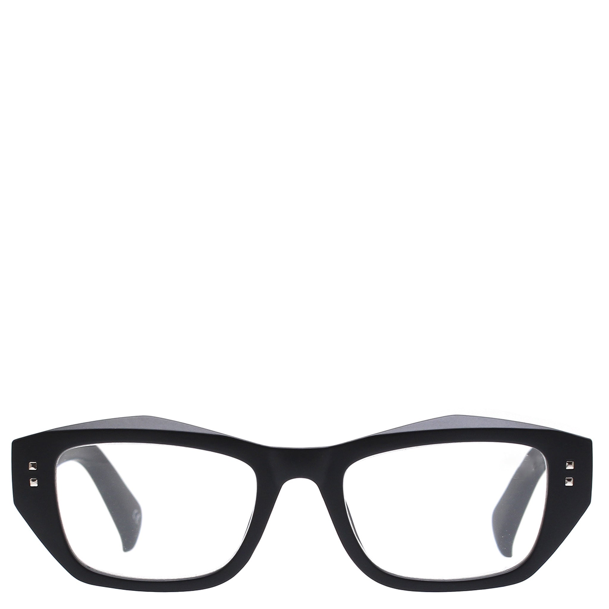 A pair of square-shaped, black matte finish Daily Eyewear reading glasses with clear lenses and subtle branding on the hinges.