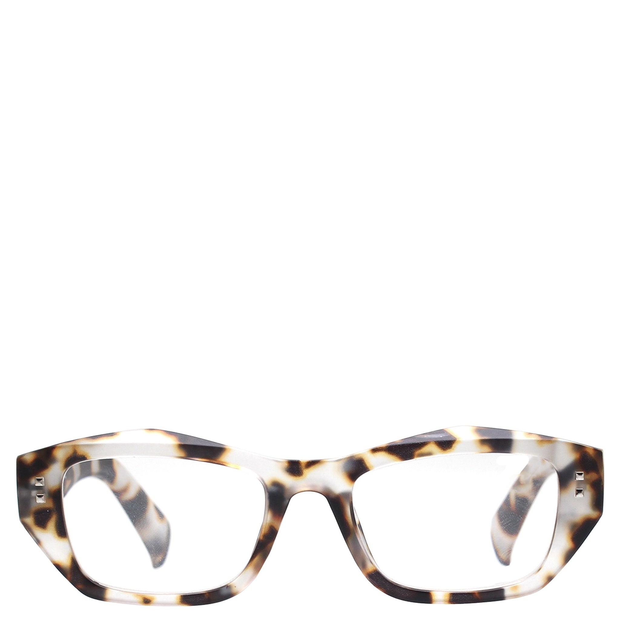 A pair of square-shaped, light tort matt finish Daily Eyewear reading glasses with magnifying lenses.