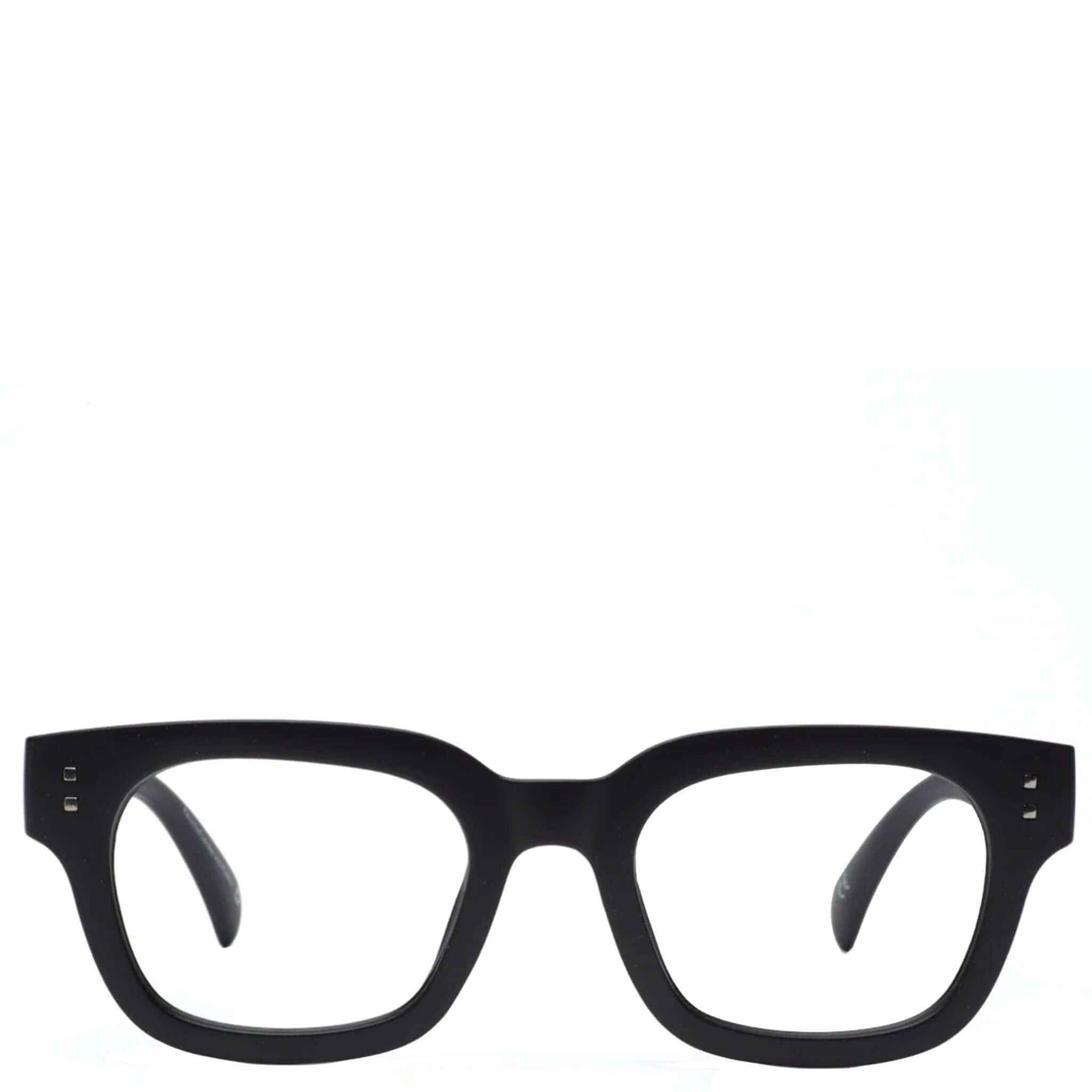 Alt Tag: Daily Eyewear 2pm Reading Glasses - Black thick matte black rectangular unisex frame, front view reading glasses