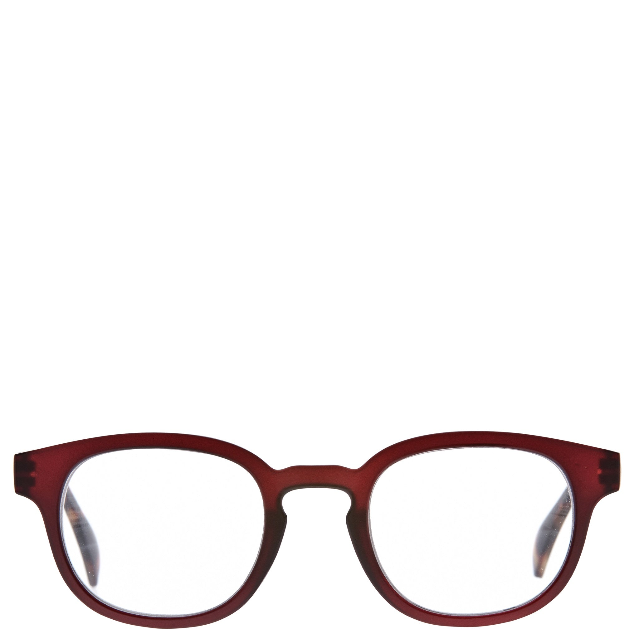 A pair of Daily Eyewear 9am reading glasses in a wine color with a modern, rounded rectangular design.