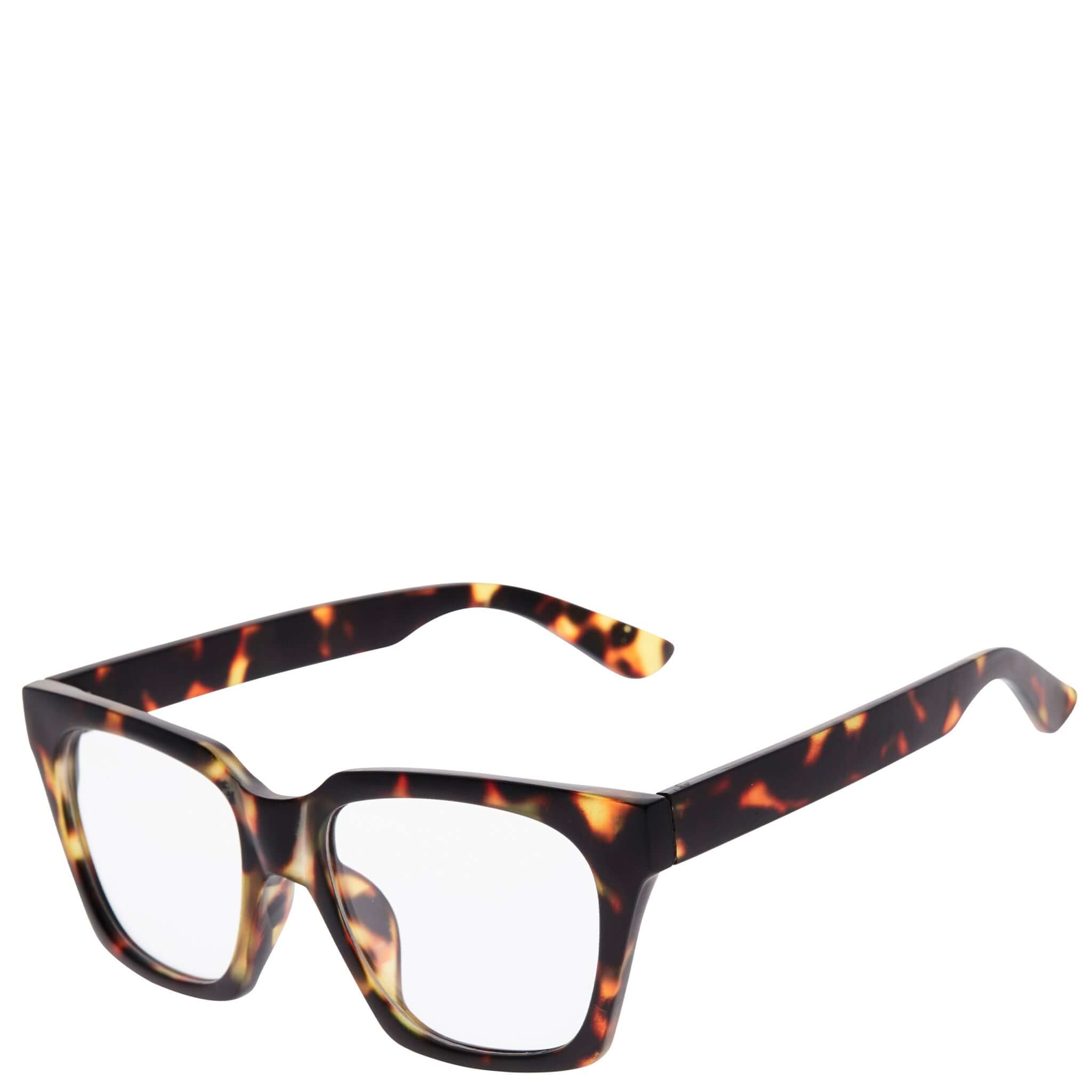 A pair of square-shaped, brown tortoiseshell patterned reading glasses with a matte finish and magnifying lenses.