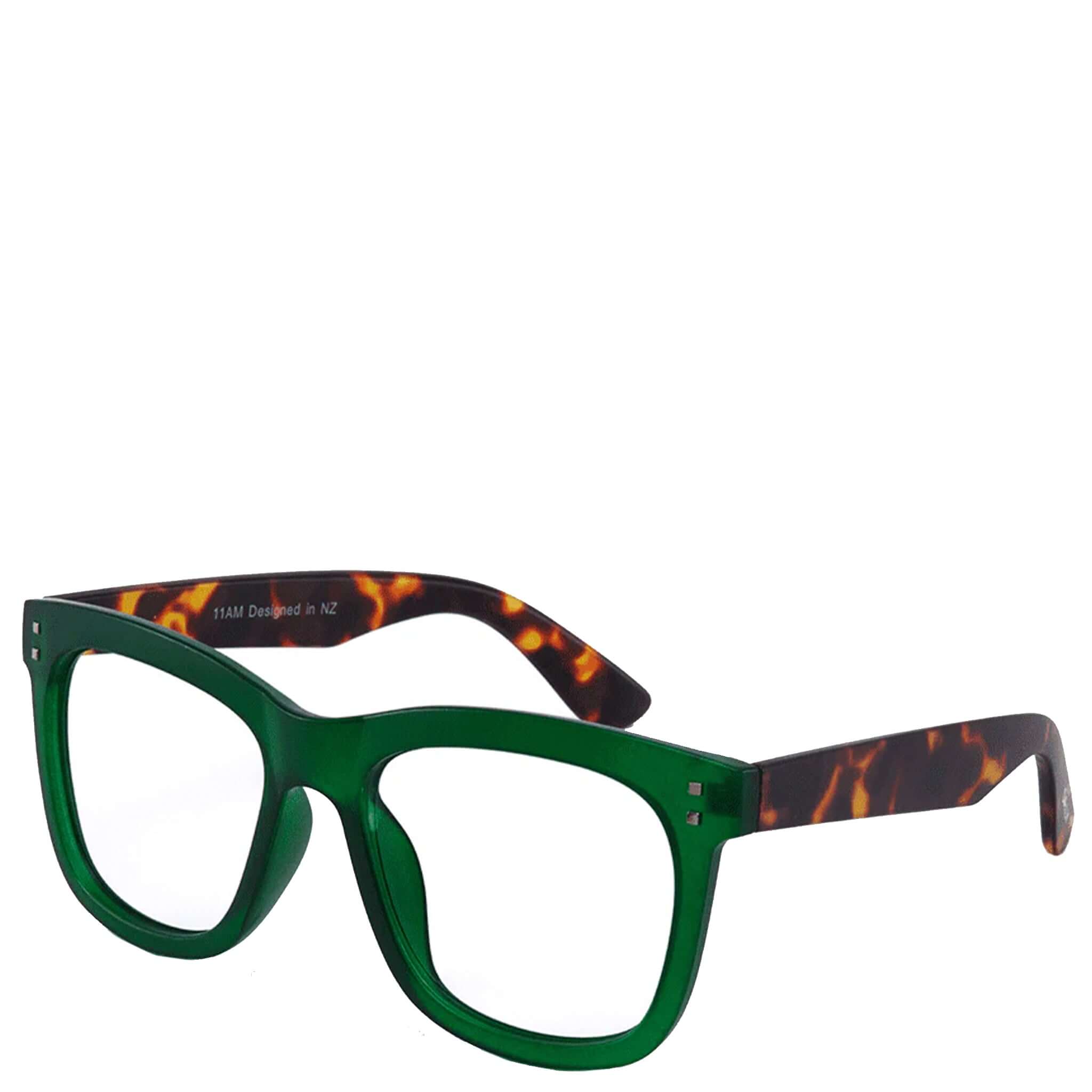 Green eyeglasses with tortoiseshell arms on a white background