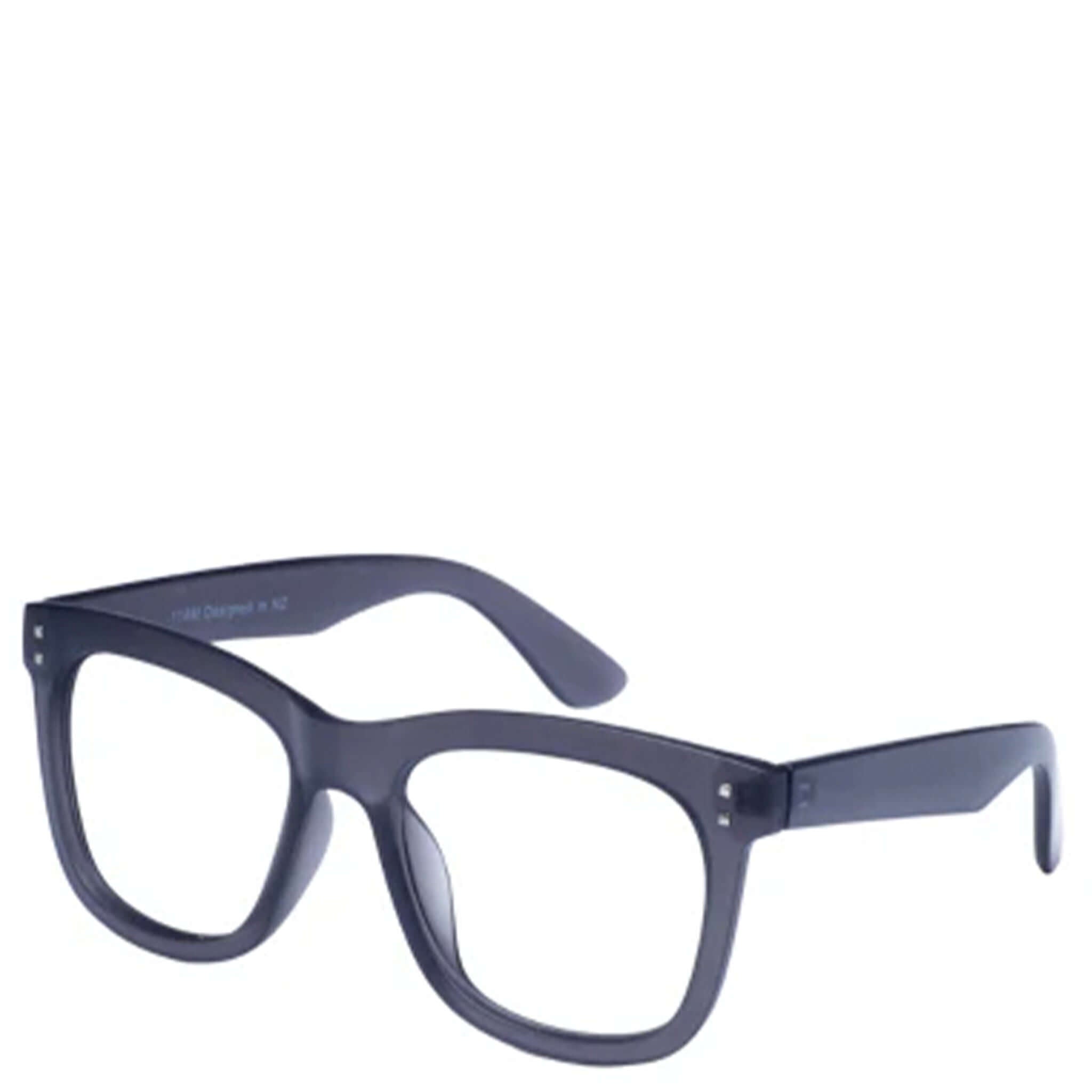 A pair of square-shaped, full frame reading glasses with a smoke gray polycarbonate frame and clear lenses.