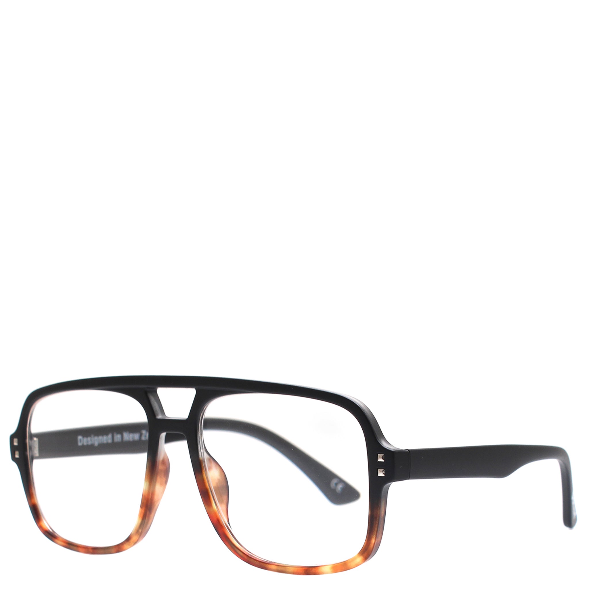 A pair of Daily Eyewear reading glasses with a black to tortoise color frame and clear lenses.