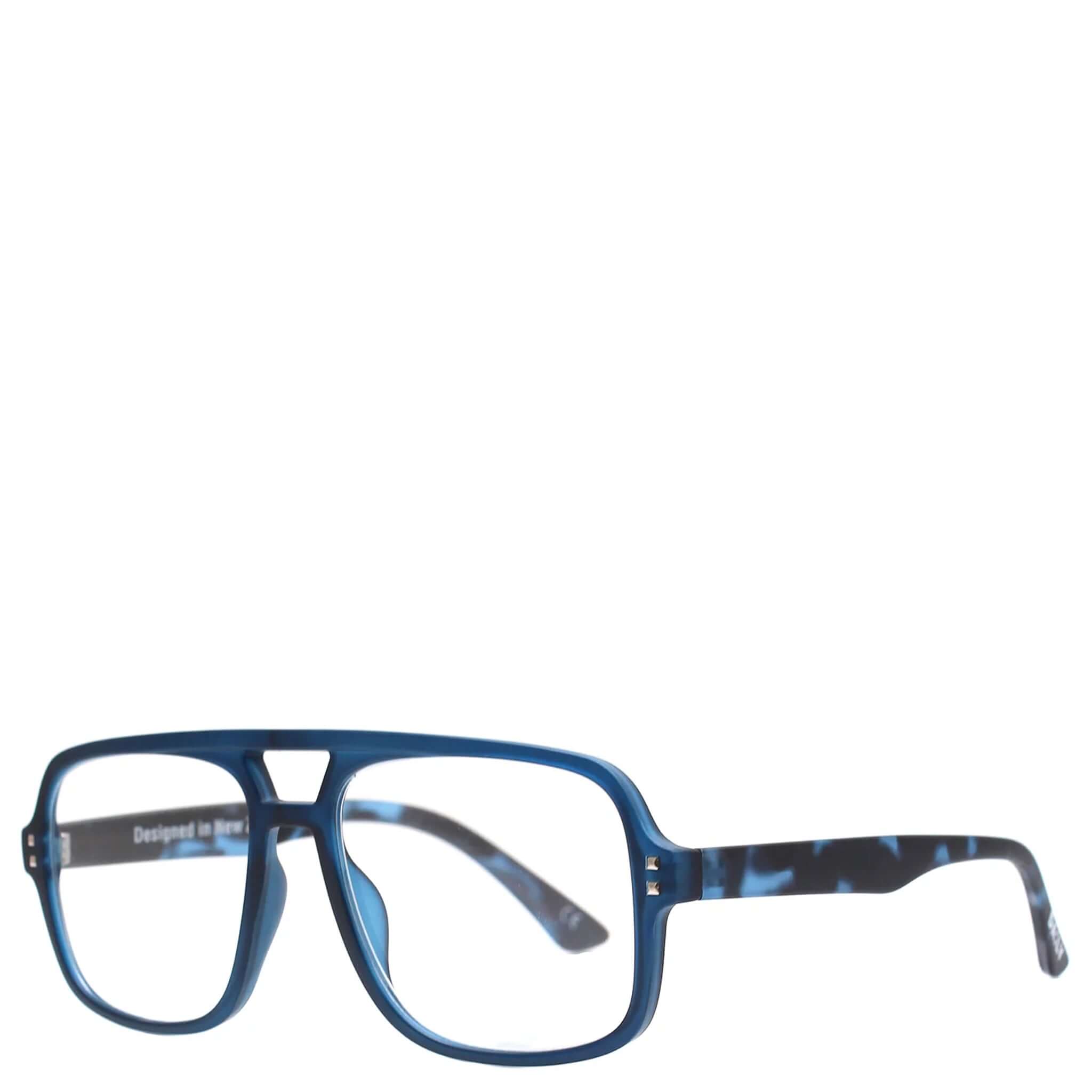 Blue eyeglasses on a white background