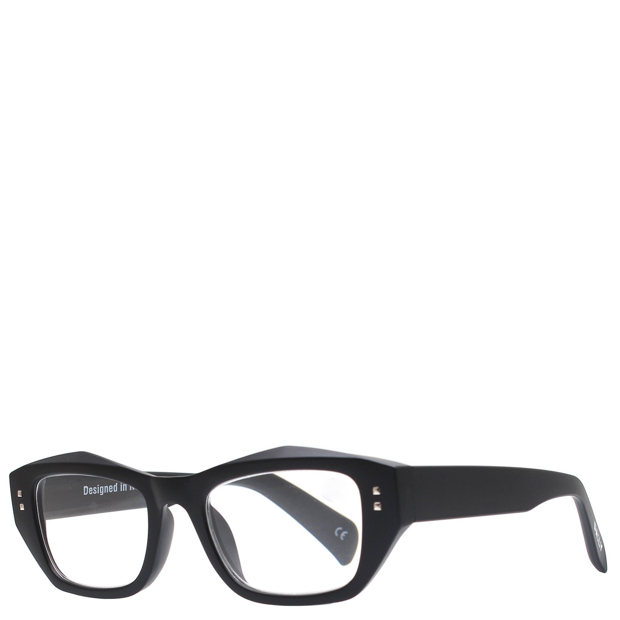 A pair of square-shaped, black matte finish Daily Eyewear reading glasses with clear lenses and subtle branding on the hinges.
