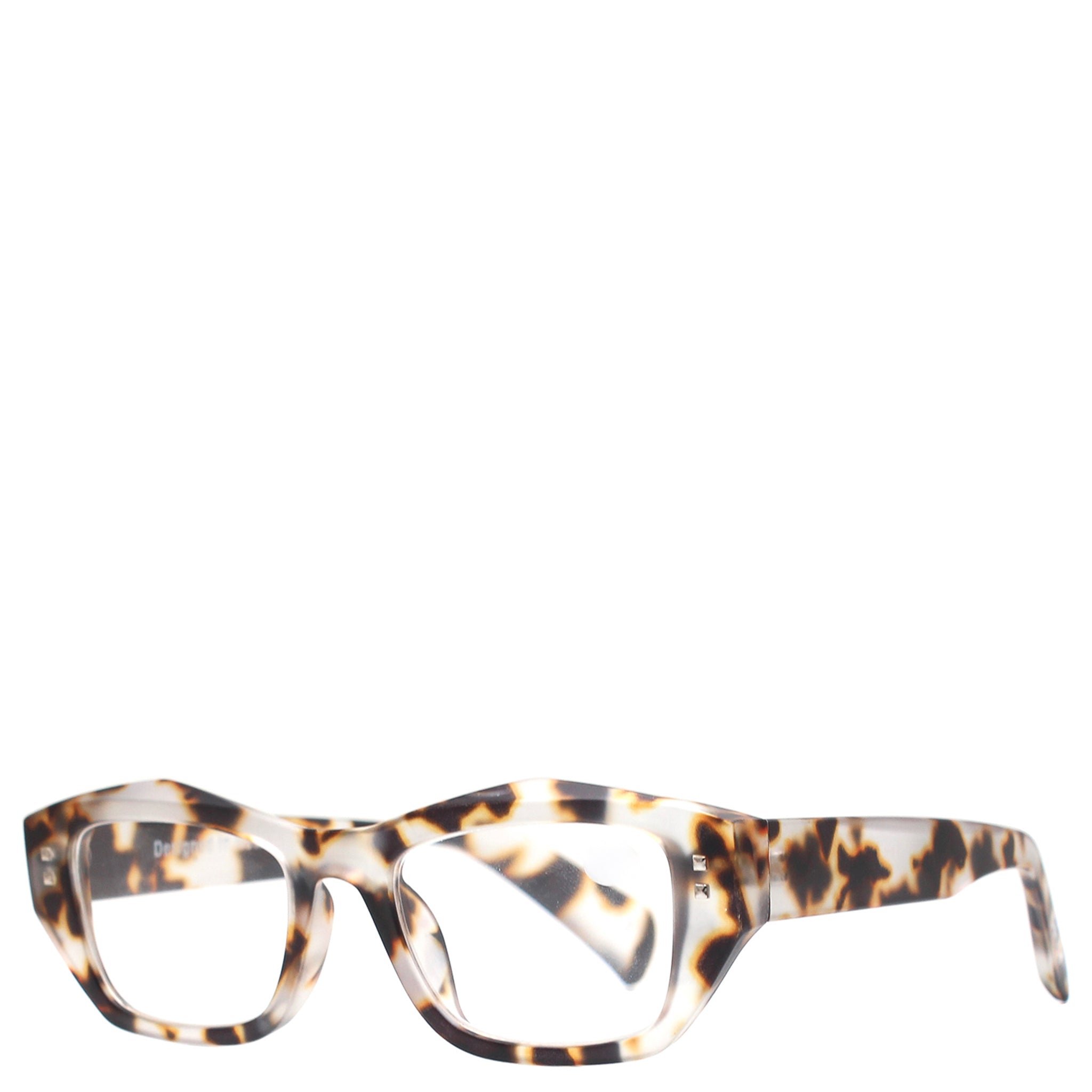 A pair of square-shaped, light tort matt finish Daily Eyewear reading glasses with magnifying lenses.