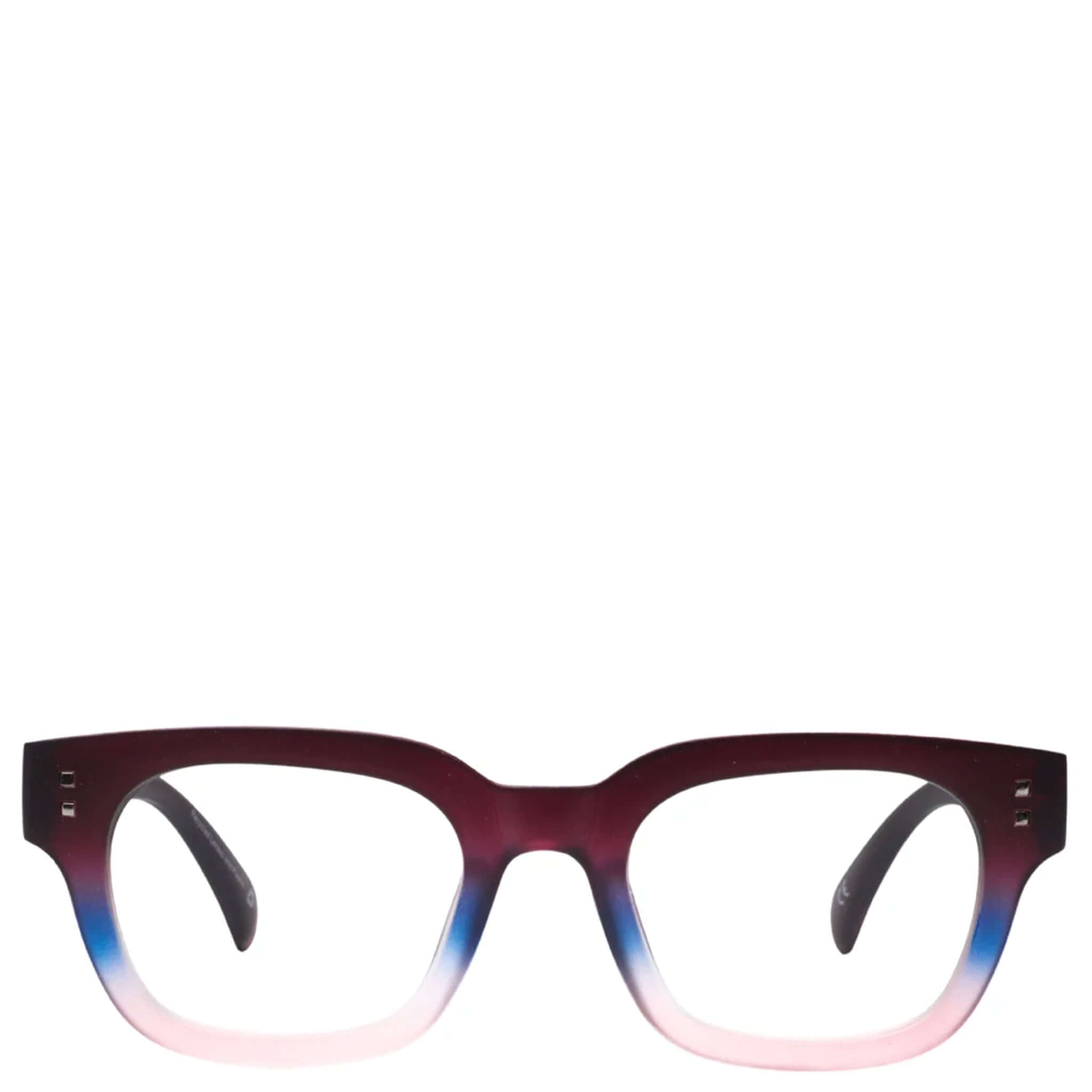 Alt Tag: Daily Eyewear 2pm Reading Glasses - Luna thick rectangular frame in violet-to-blue gradient, unisex presbyopia readers