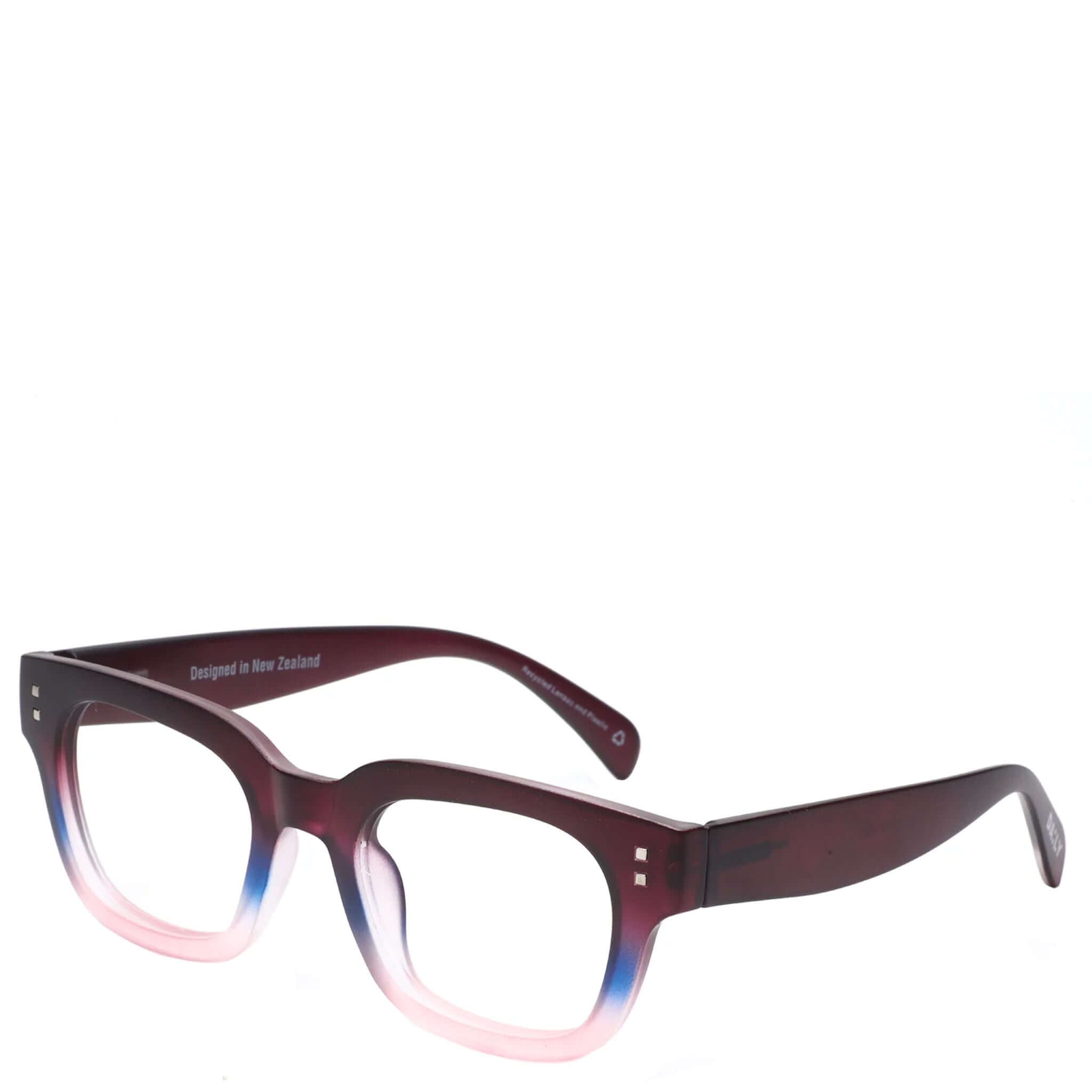 Alt Tag: Daily Eyewear 2pm Reading Glasses - Luna thick rectangular gradient frame deep violet to blue unisex recycled reading glasses
