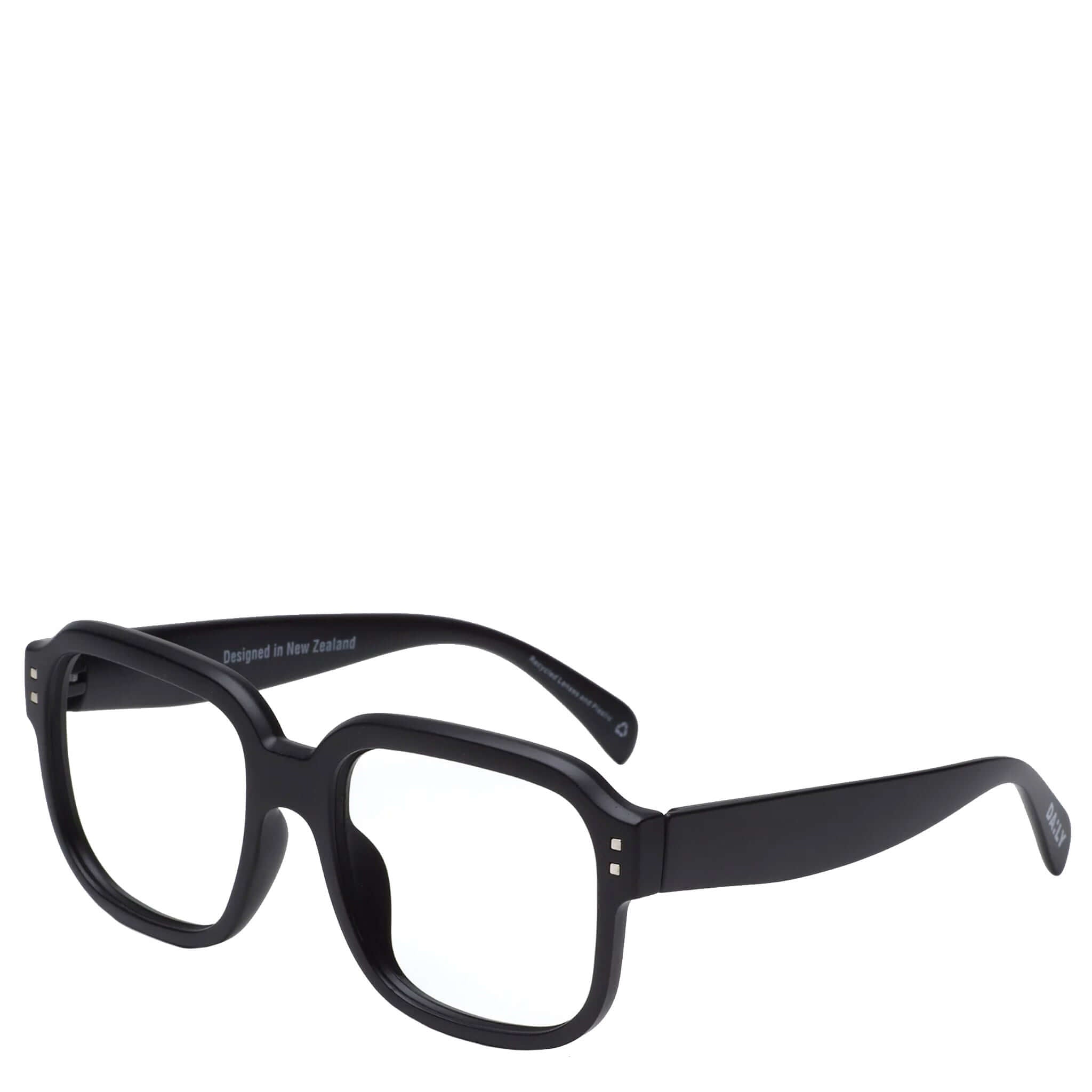Alt Tag: Daily Eyewear 3pm Reading Glasses - Black oversized black round-edge unisex reading glasses with recycled lenses