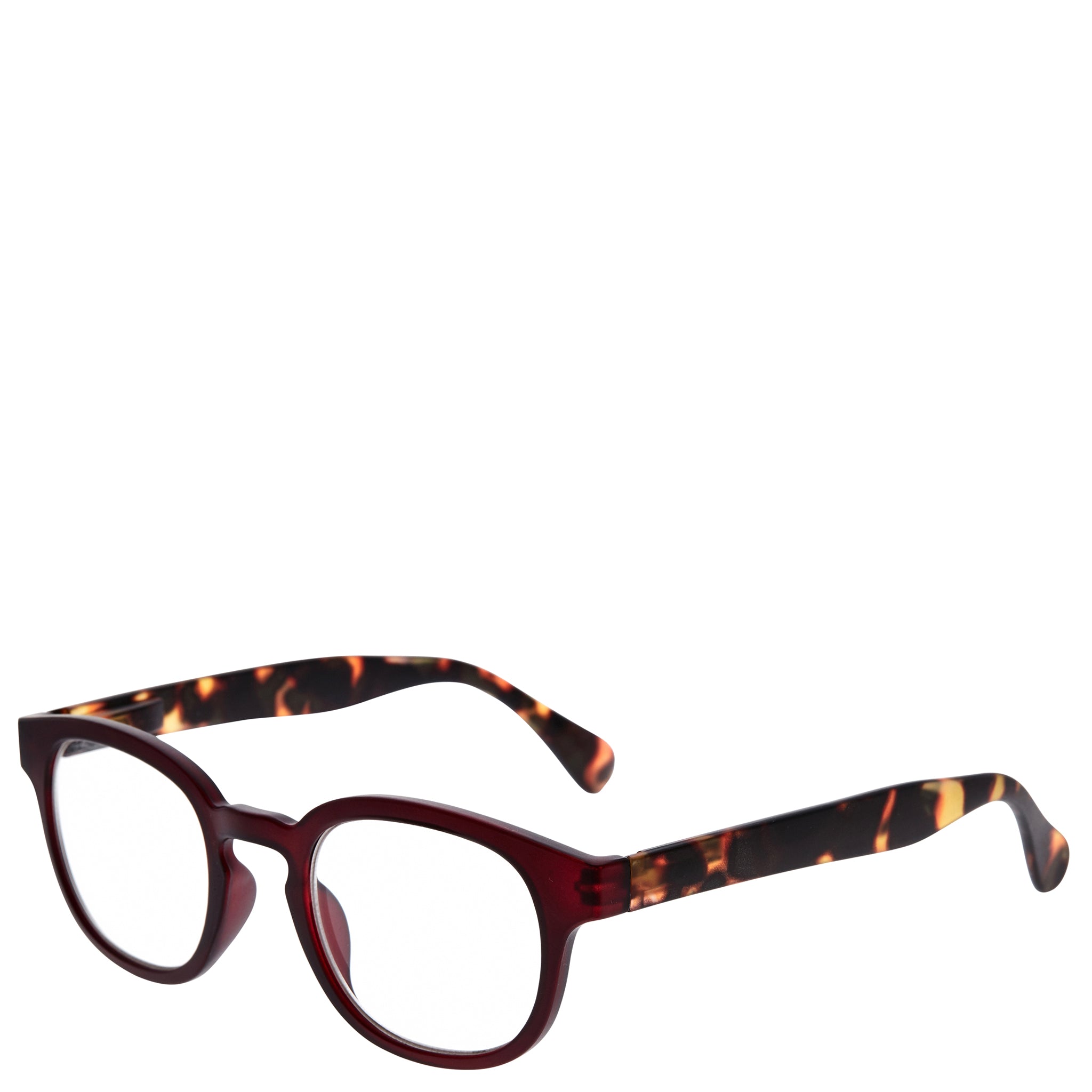 A pair of Daily Eyewear 9am reading glasses in a wine color with a modern, rounded rectangular design.