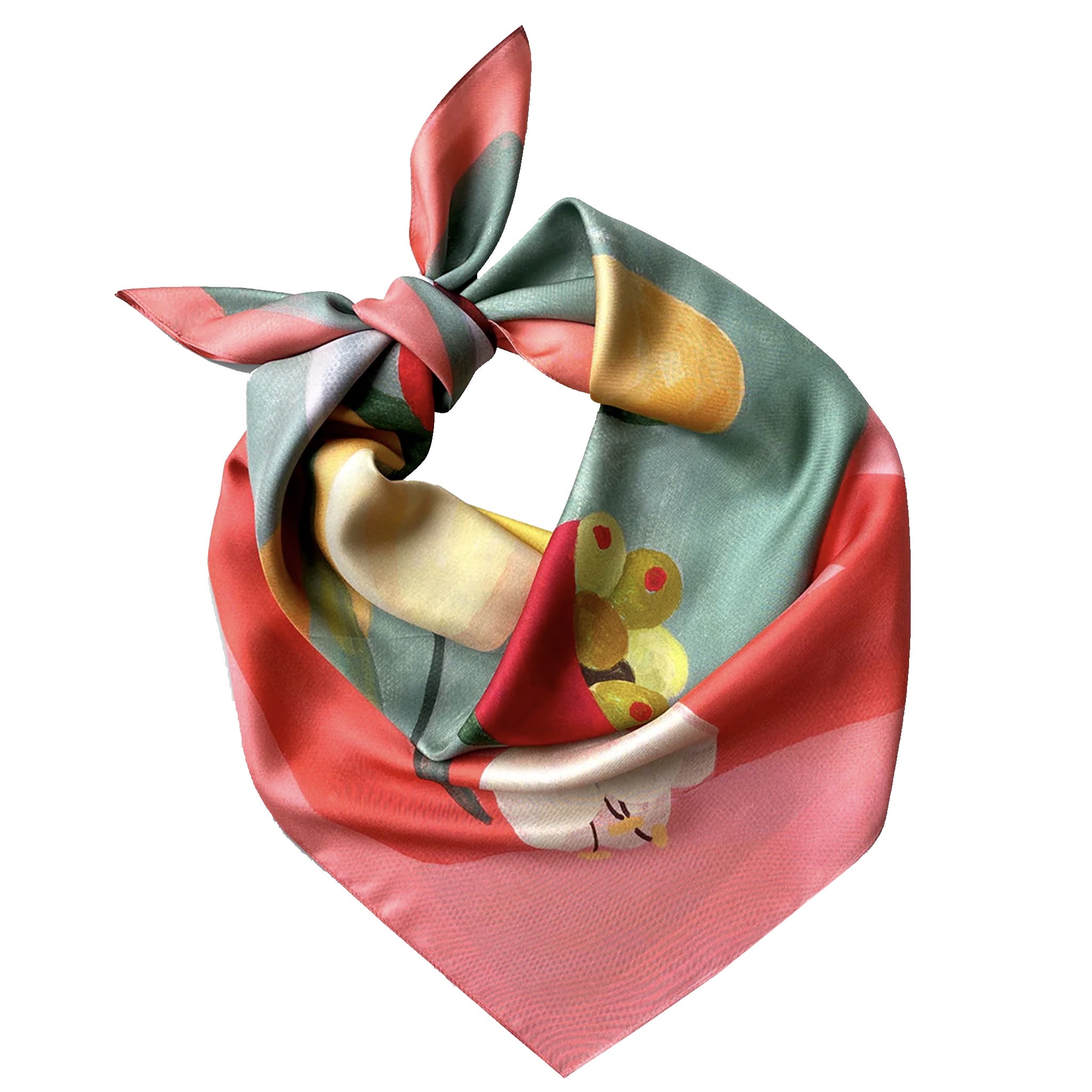 Colorful scarf with a design of a duck and butterfly on a white background