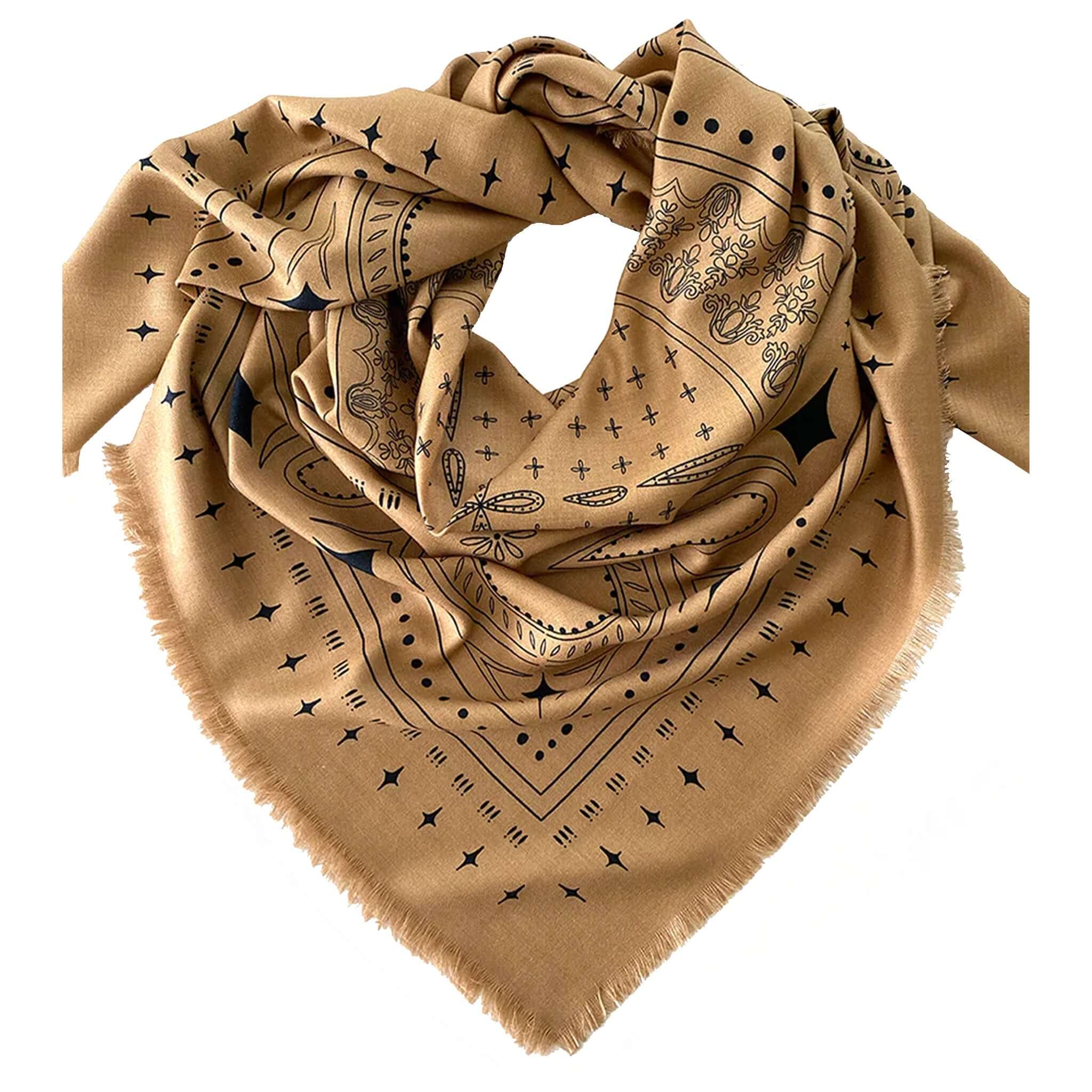Dark Hampton x Ellie Compton The Holden Wool Silk Scarf displayed in tan and navy bandana-inspired design.
