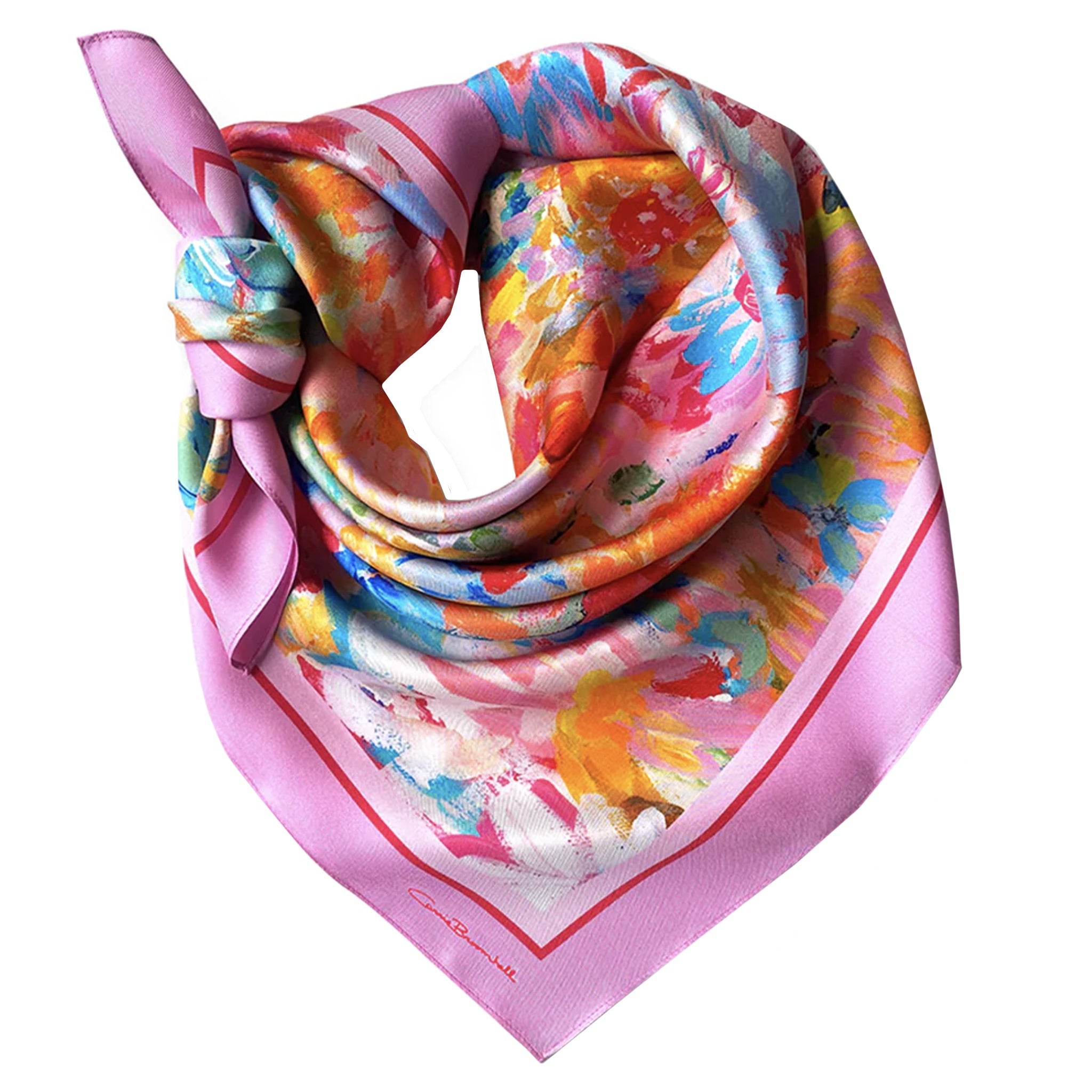 Colorful floral patterned scarf with pink border on a white background