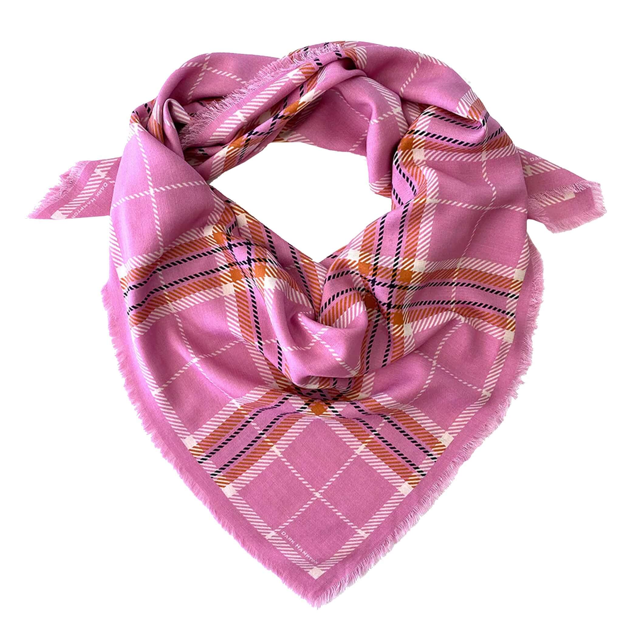 Dark Hampton the McRae Wool Silk Scarf in pink with classic tartan print, soft wool and silk blend.
